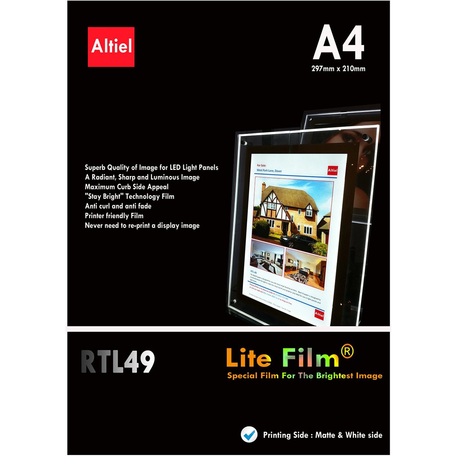 RTL49 - A4 x 50 Sheets of Back Lite Film for Any Inkjet & Laser Printers or Laser Copiers. Back lit Paper Sheet for LED Pocket Displays or LED Lightboxes. Backlit Film for LED Window Displays.