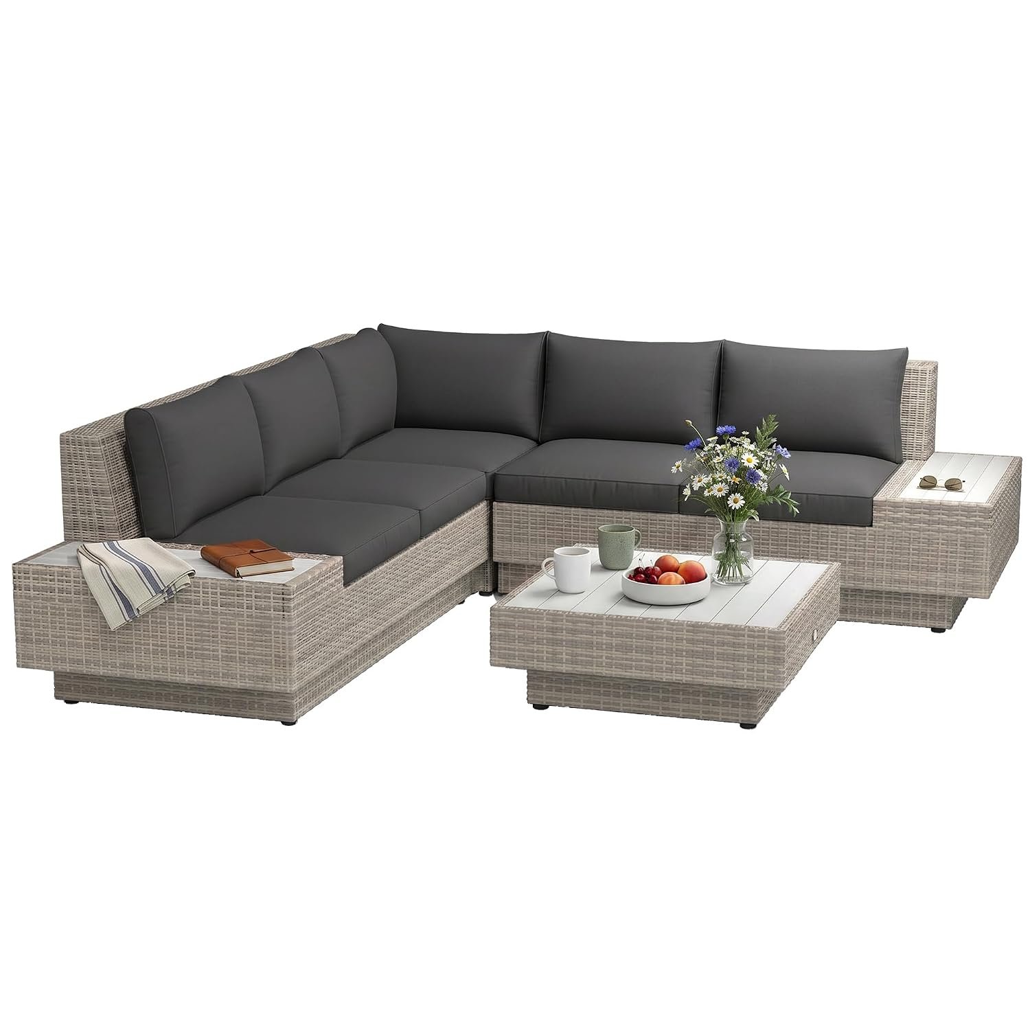 Outsunny 4 Pieces Rattan Garden Furniture Set, Garden Corner Sofa with Side Trays, Wicker Conservatory Furniture Set with Loveseats, Slatted Plastic Top Coffee Table and Cushions, Light Grey