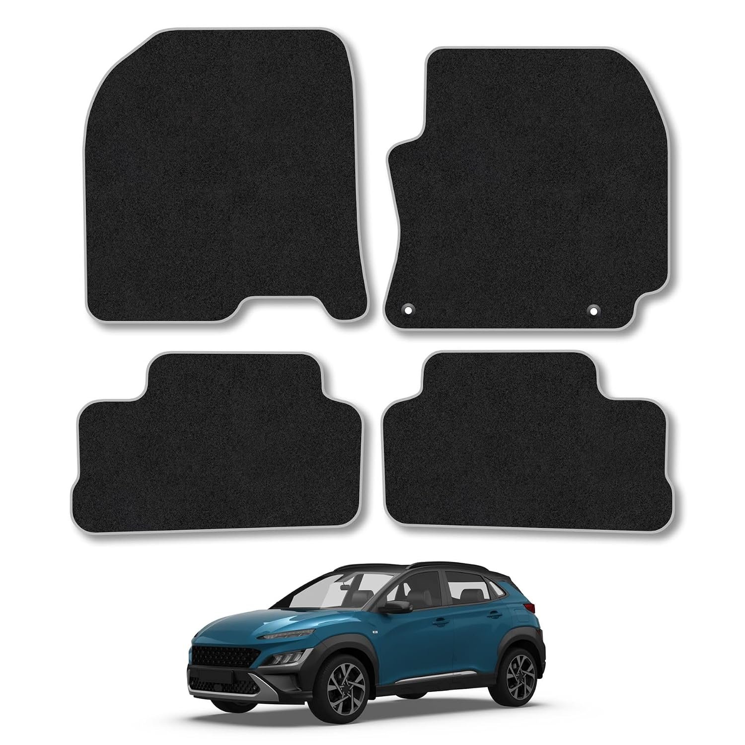 Hyundai Kona (2017-2023) Car Mats Accessories Tailored Fit Carpet Floor Mats Non Slip Grey Trim Accessory Compatible Front Rear Set Anti Slip Full Coverage Granulated Backing Hand-Finished Clips
