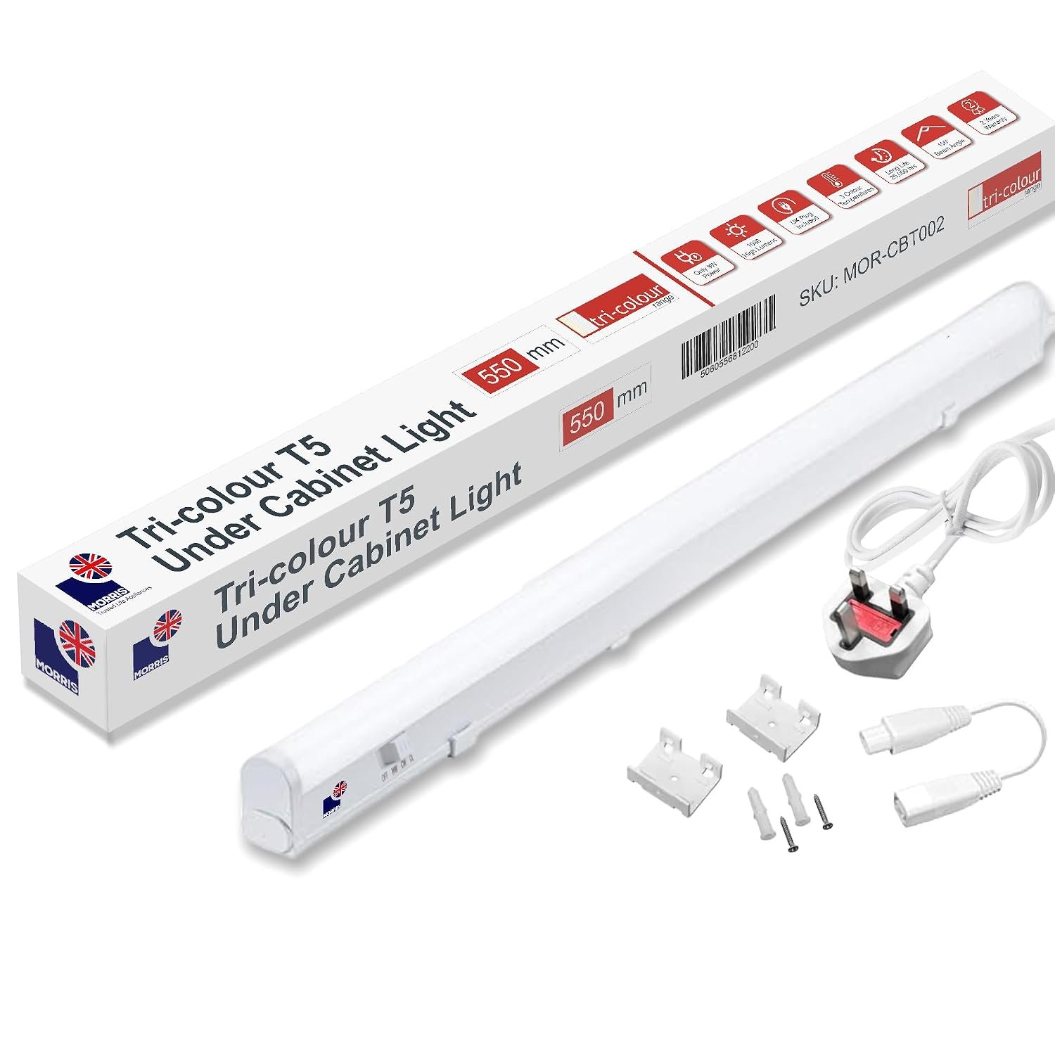 Morris LED Under Cabinet Light Linkable 3 Colours in 1 3000k/4000k/6500k Kitchen Light - UK Plug Included - 288mm, 550mm, 850mm,1150mm (550mm, 1Pack)