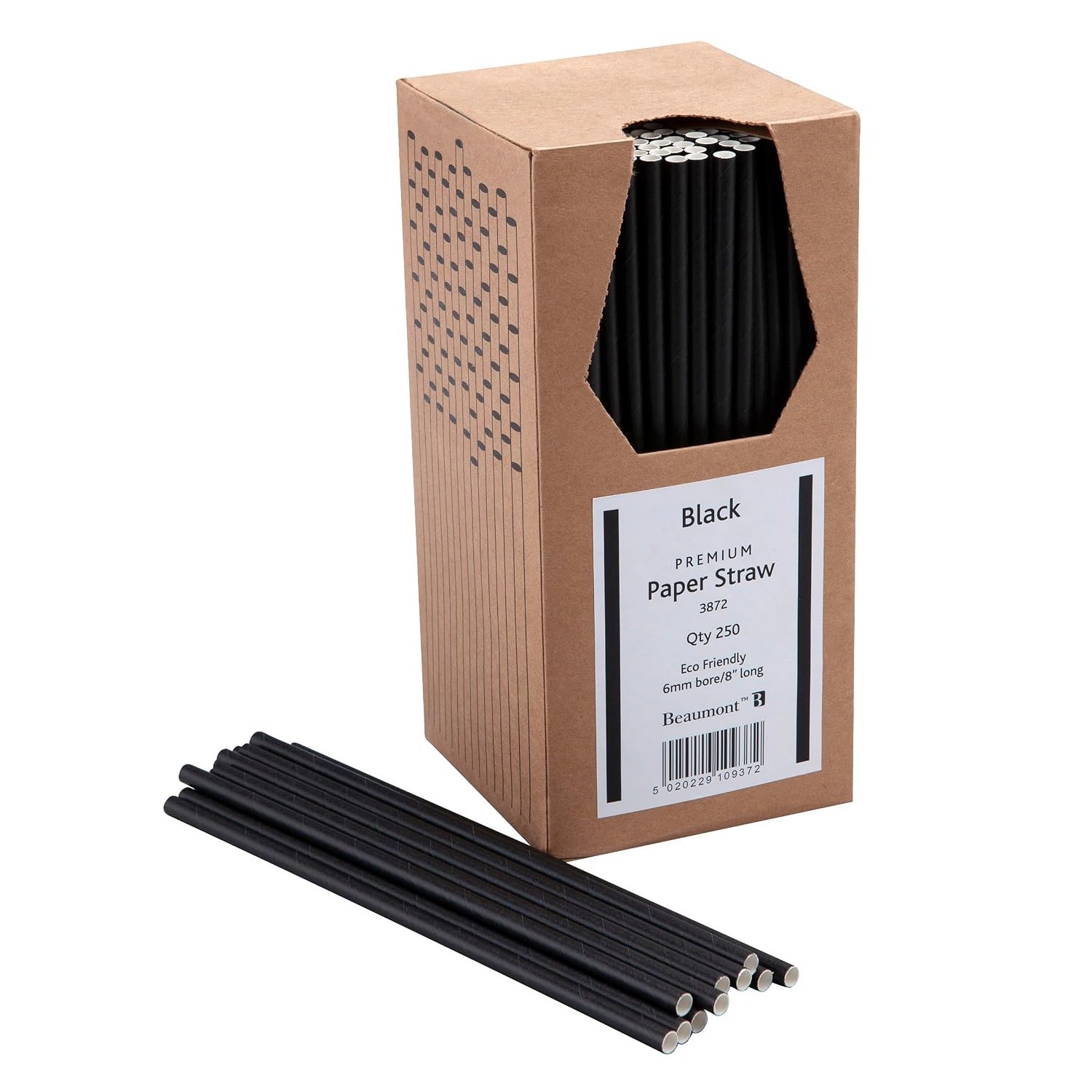 Beaumont 8‑Inch 6mm Bore Paper Straws – Black (Pack of 250) | 100% Biodegradable & Compostable | Wood‑Pulp Eco‑Friendly Disposable Drinking Straws | Stylish Jet‑Black Finish