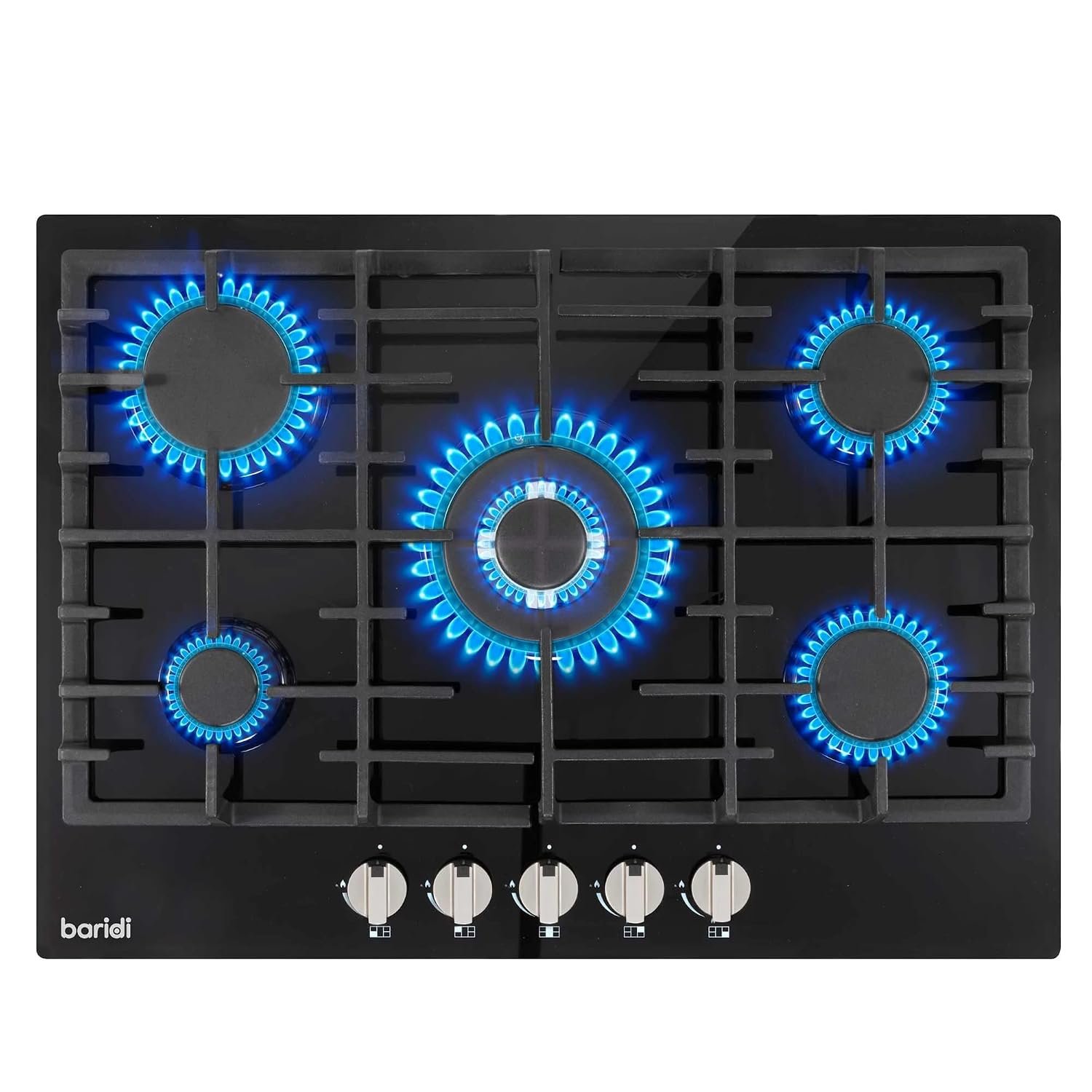 Baridi 70cm Built-In Gas Hob with 5 Burners, Cast Iron Pan Supports, Wok Burner and Auto Ignition, 11kW, Black Glass - DH228