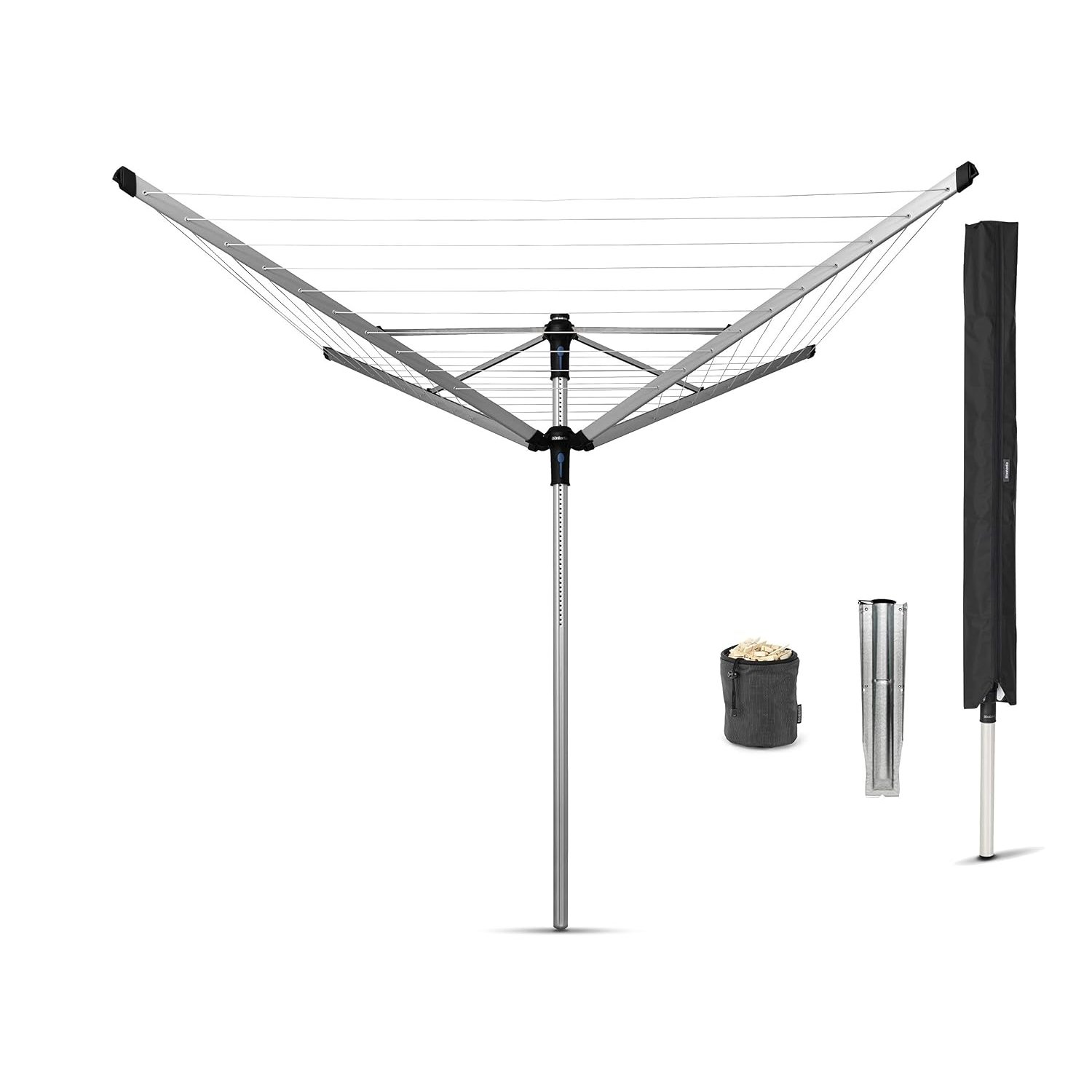 Brabantia - Lift-O-Matic Advance - 50m Of Clothes Line - Adjustable Height - UV-Resistant & Non-Slip Lining - Umbrella System - With Ground Spike 50mm, Cover & Peg Bag - Metallic Grey - Ã˜ 295cm
