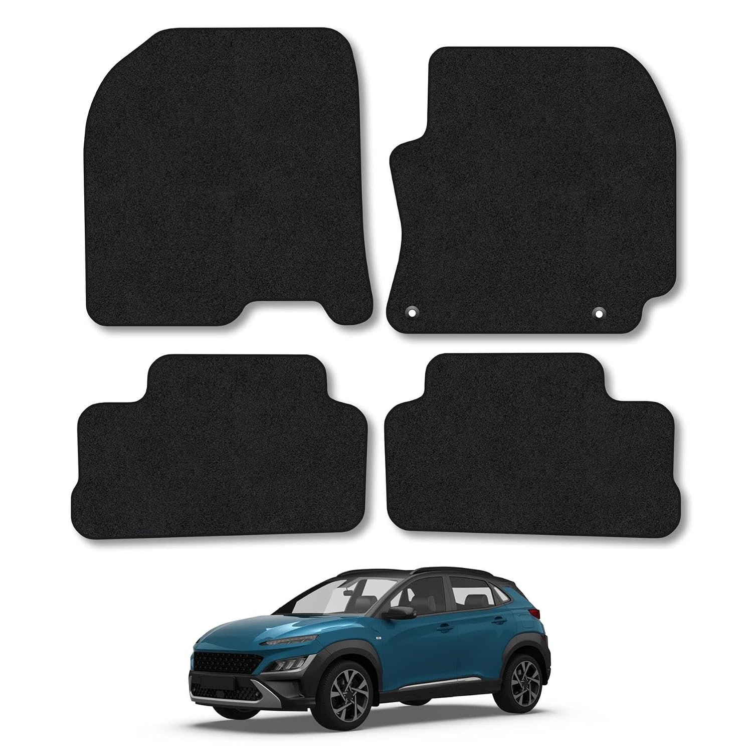 Hyundai Kona (2017-2023) Car Mats Accessories Tailored Fit Carpet Floor Mats Non Slip Black Trim Full Coverage Compatible Accessory Front Rear Set Anti Slip Granulated Backing Hand-Finished Clips