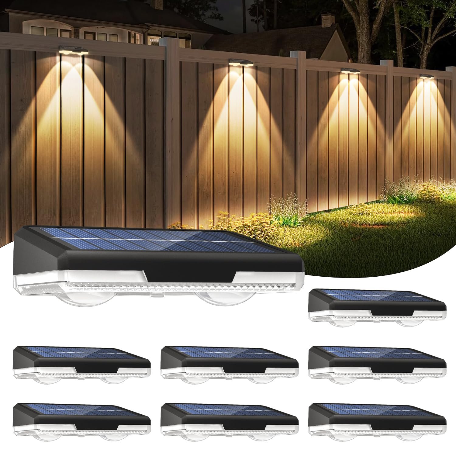 Solar-Fence-Lights-Outdoor-Garden - Garden Wall Lights Outdoor 8 Colors 9 Modes RGB Fence Light For Ouside IP65 Waterproof - Light Solar Powered Patio Deck Pool Step Fence Gate Yard Decoration 8 Pack