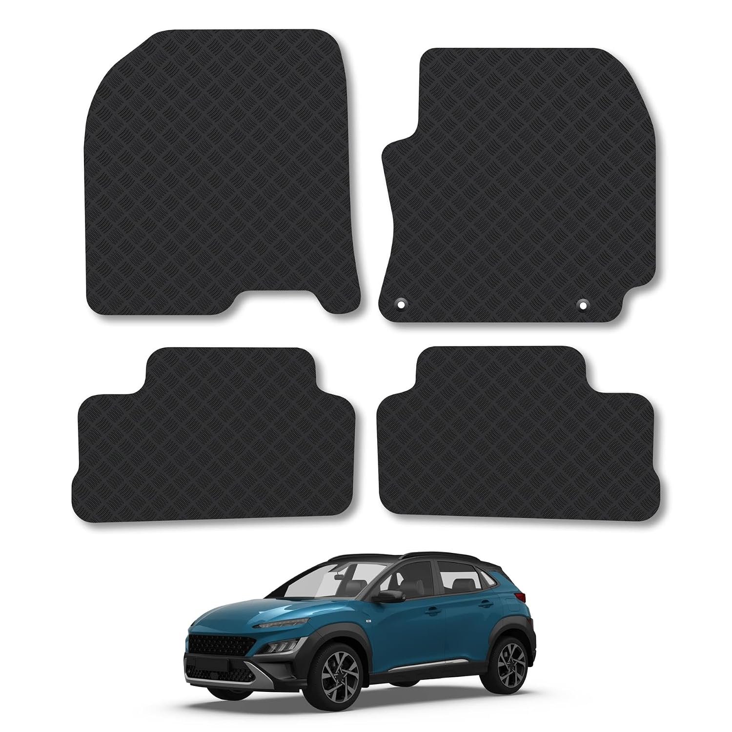 Hyundai Kona (2017-2023) Rubber Car Mats Accessories Tailored Fit Compatible Accessory Waterproof Protection Non-Slip Floor Mats Full Coverage Durable Front Rear Set Coverage with Clips