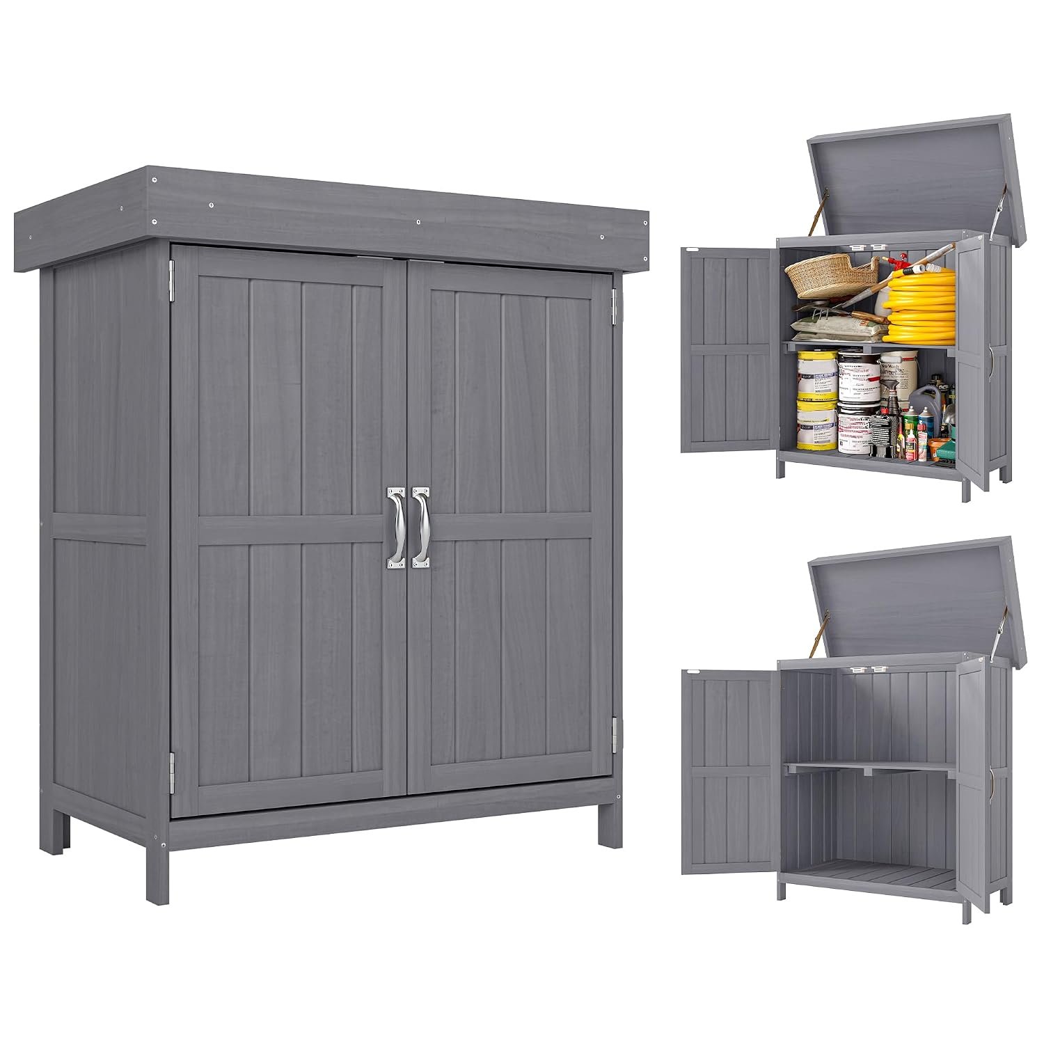 Outsunny Small Shed, Wooden Garden Shed with Openable Hinged Roof and Removable Shelf, Outdoor Tool Storage Cabinet Chest with Double Doors, 74 x 43 x 88 cm, Grey