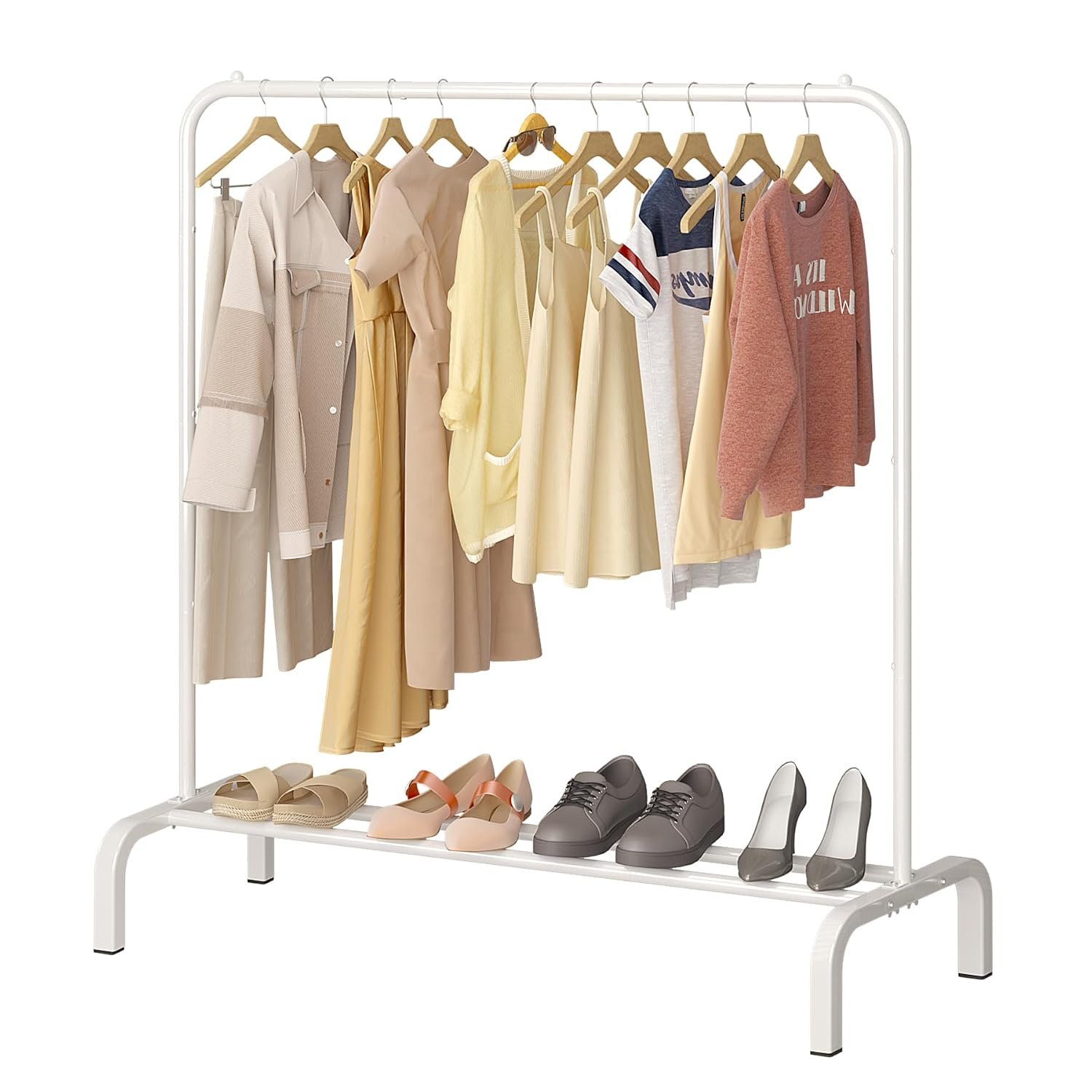 JIUYOTREE Metal Clothes Rail 110 CM Clothing Rack Rail Coat Rail with Bottom Rack for Clothes, Coats, Skirts, Shirts, Sweaters, White