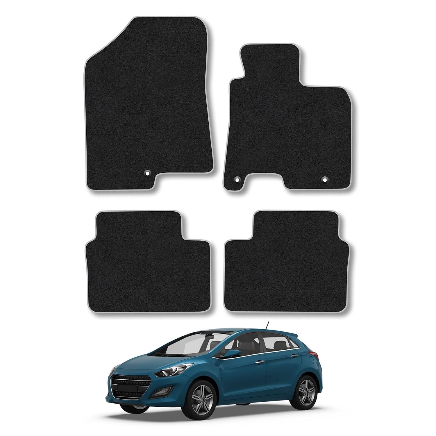 Hyundai i30 (2012-2017) Car Mats Accessories Tailored Fit Carpet Floor Mats Non Slip Grey Trim Accessory Compatible Front Rear Set Anti Slip Full Coverage Granulated Backing Hand-Finished Clips