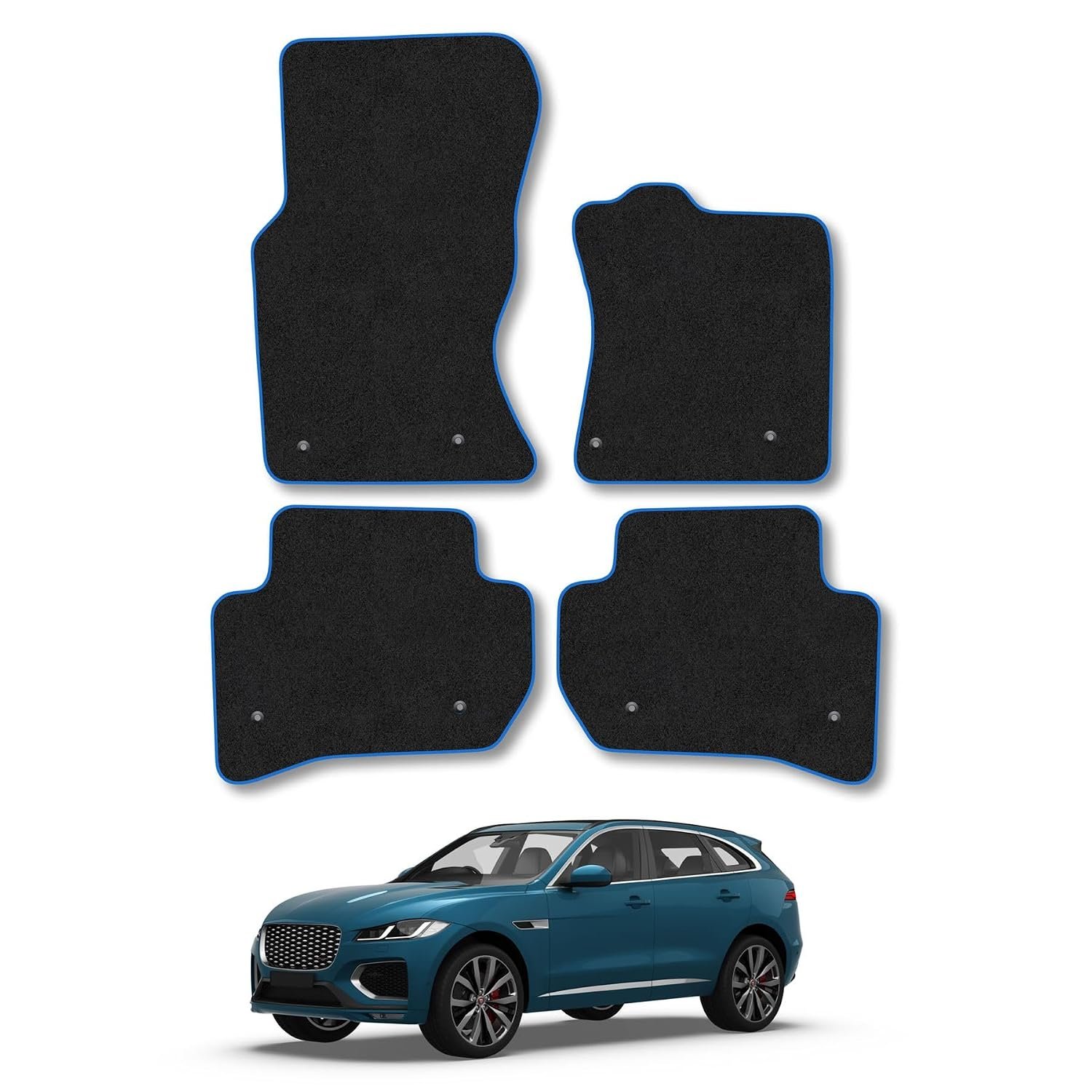 Jaguar F Pace (2016+) Car Mats Accessories Tailored Fit Carpet Floor Mats Non Slip Blue Trim Full Coverage Compatible Accessory Granulated Backing Front Rear Set Anti Slip Hand-Finished Clips