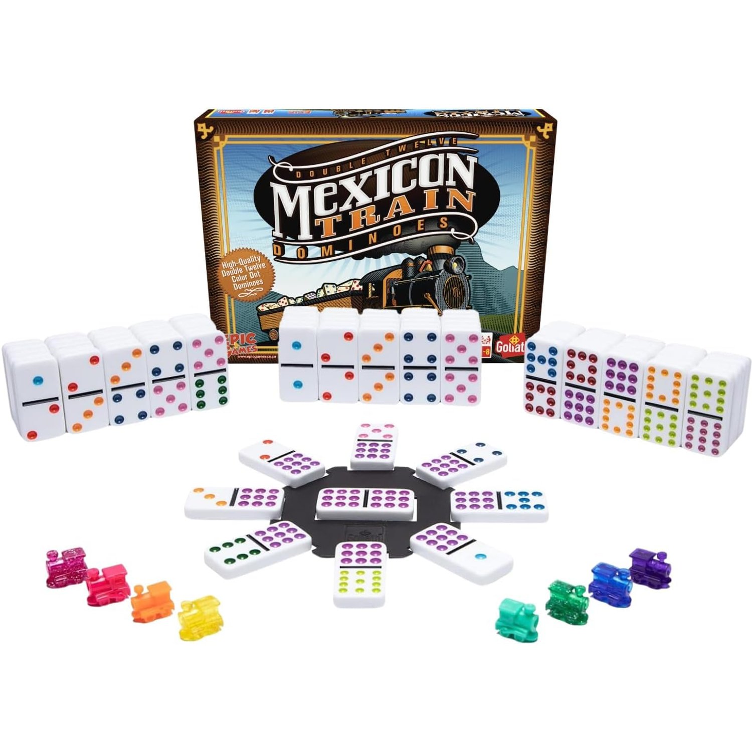 Goliath Games: Mexican Train Dominoes Game | Dominoes Set for Adults and Children | Contains 91 Dominos and 8 Unique Train Movers | For 1-8 Players Ages 6+
