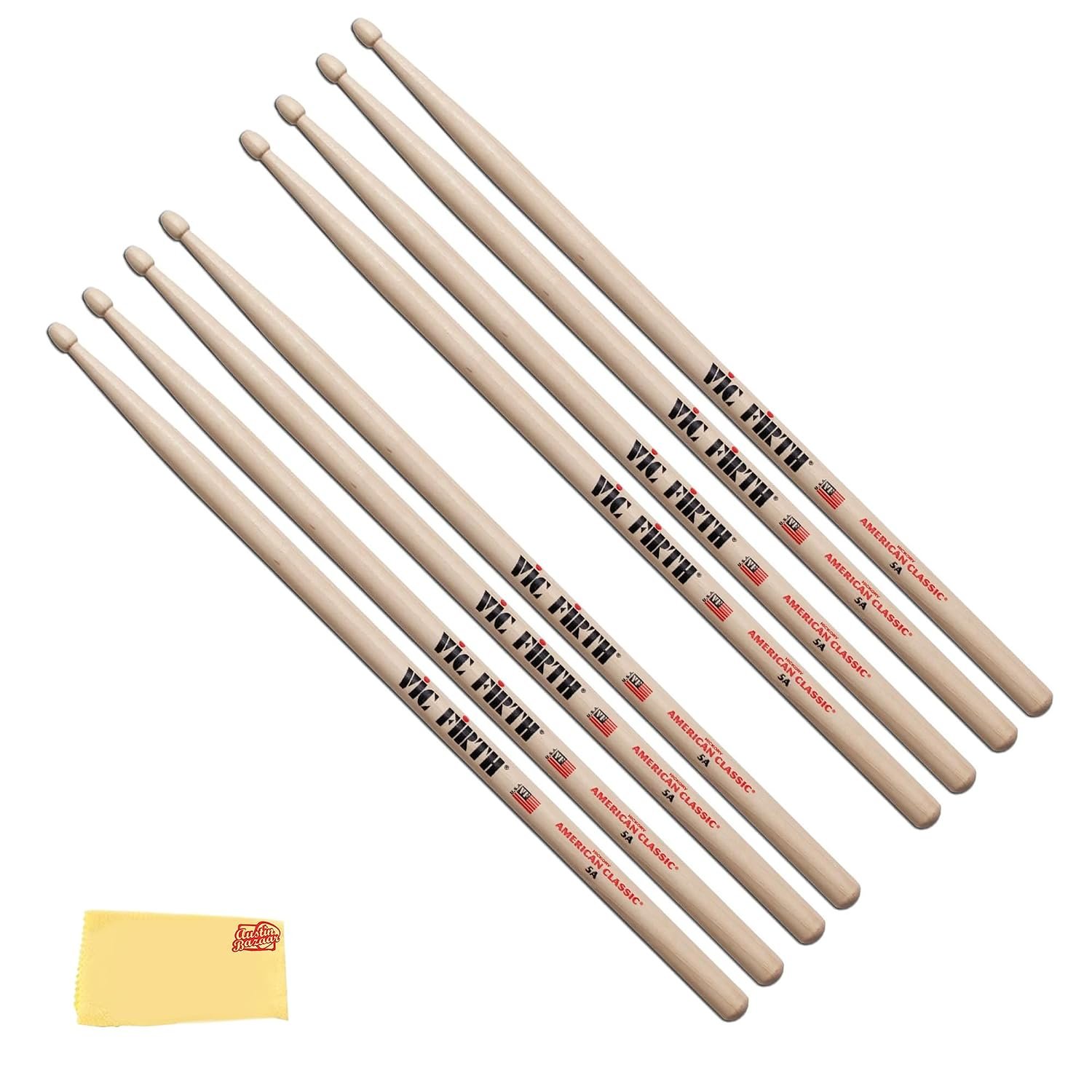 Vic Firth American Classic Series Drumsticks - 5A - American Hickory - Wood Tip - 4 x Pair Value Pack
