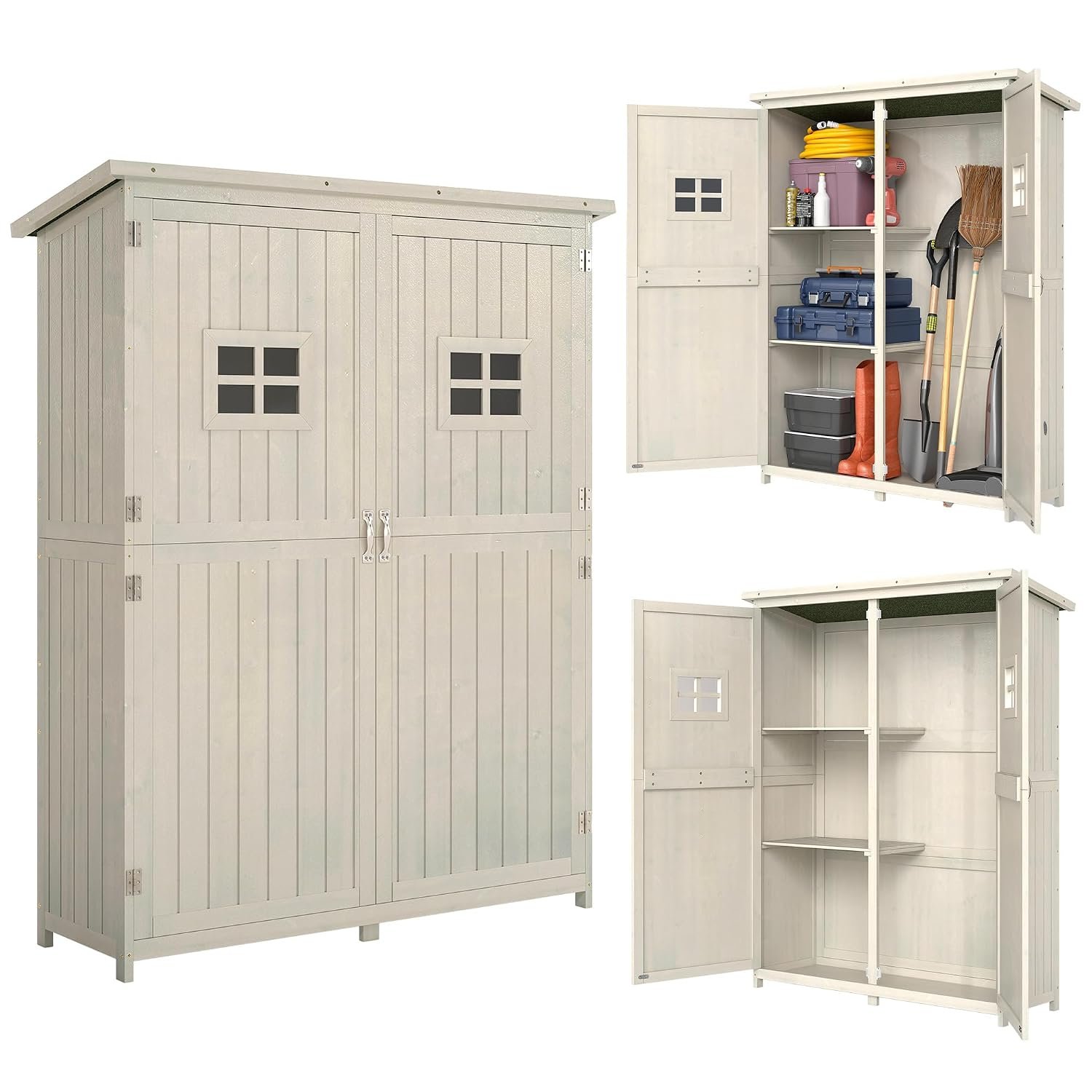 Outsunny Wooden Garden Shed with Two Windows, Tool Storage Cabinet, Outdoor Double Door Organizer 127.5L x 50W x 164H cm, Grey