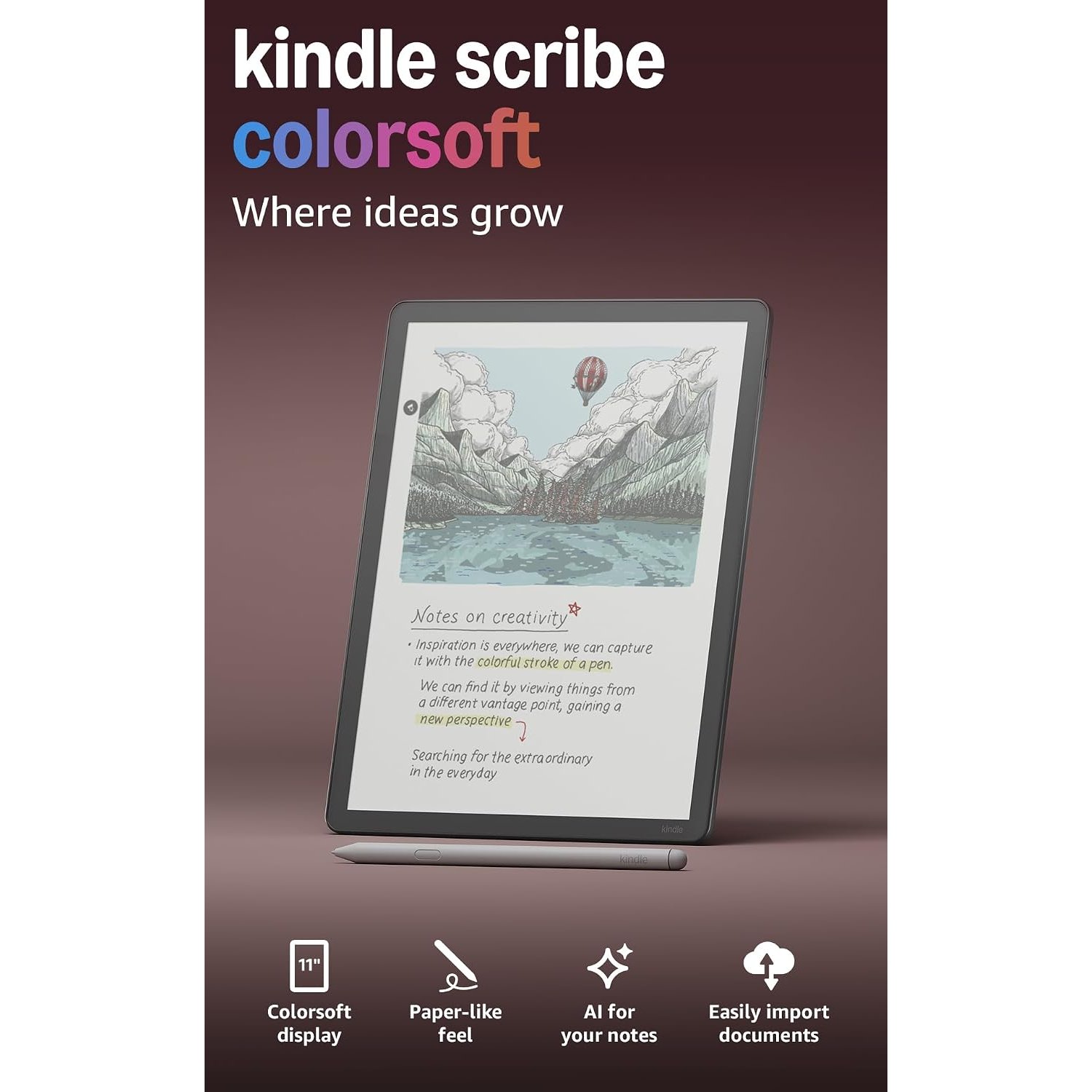 Amazon Kindle Scribe Colorsoft 32 GB (newest gen) — 11" paper-like colour display with front light — Thin, light, powerful — Write in the built-in notebook, documents and books - Graphite