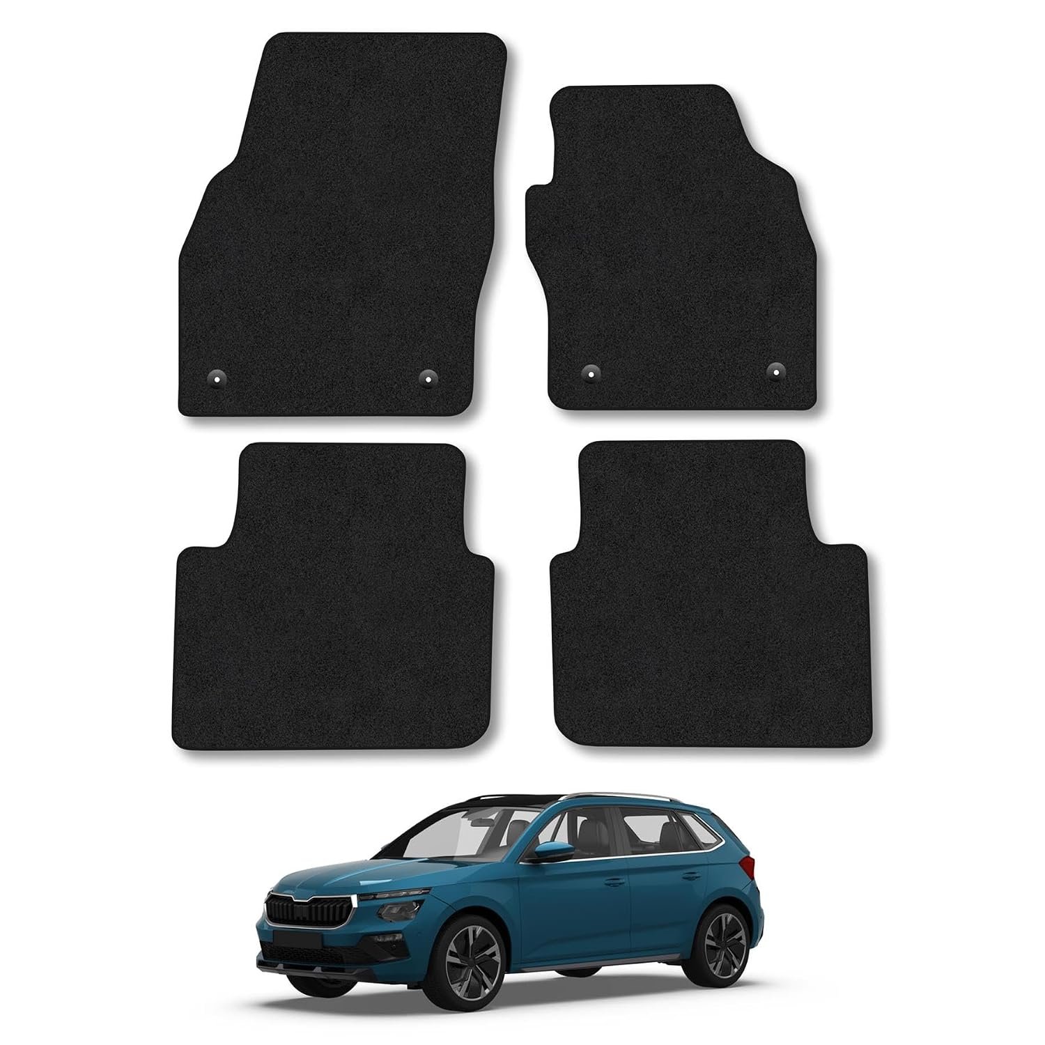 Skoda Kamiq (2017+) Car Mats Accessories Tailored Fit Carpet Floor Mats Non Slip Black Trim Full Coverage Compatible Accessory Front Rear Set Anti Slip Granulated Backing Hand-Finished Clips