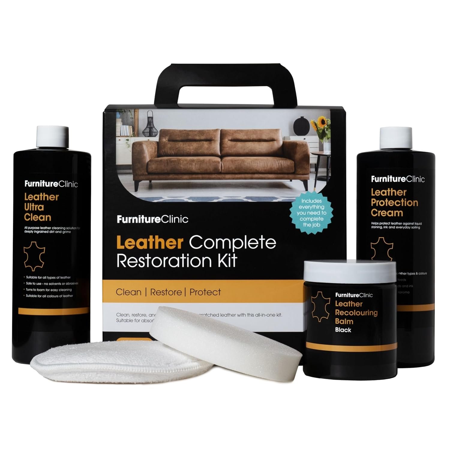 Furniture Clinic Leather Complete Restoration Kit (Ivory) - Contains Leather Recolouring Balm, Protection Cream, Cleaner, Sponge and Applicator - Restore and Repair Sofas, Chairs, Car Seats
