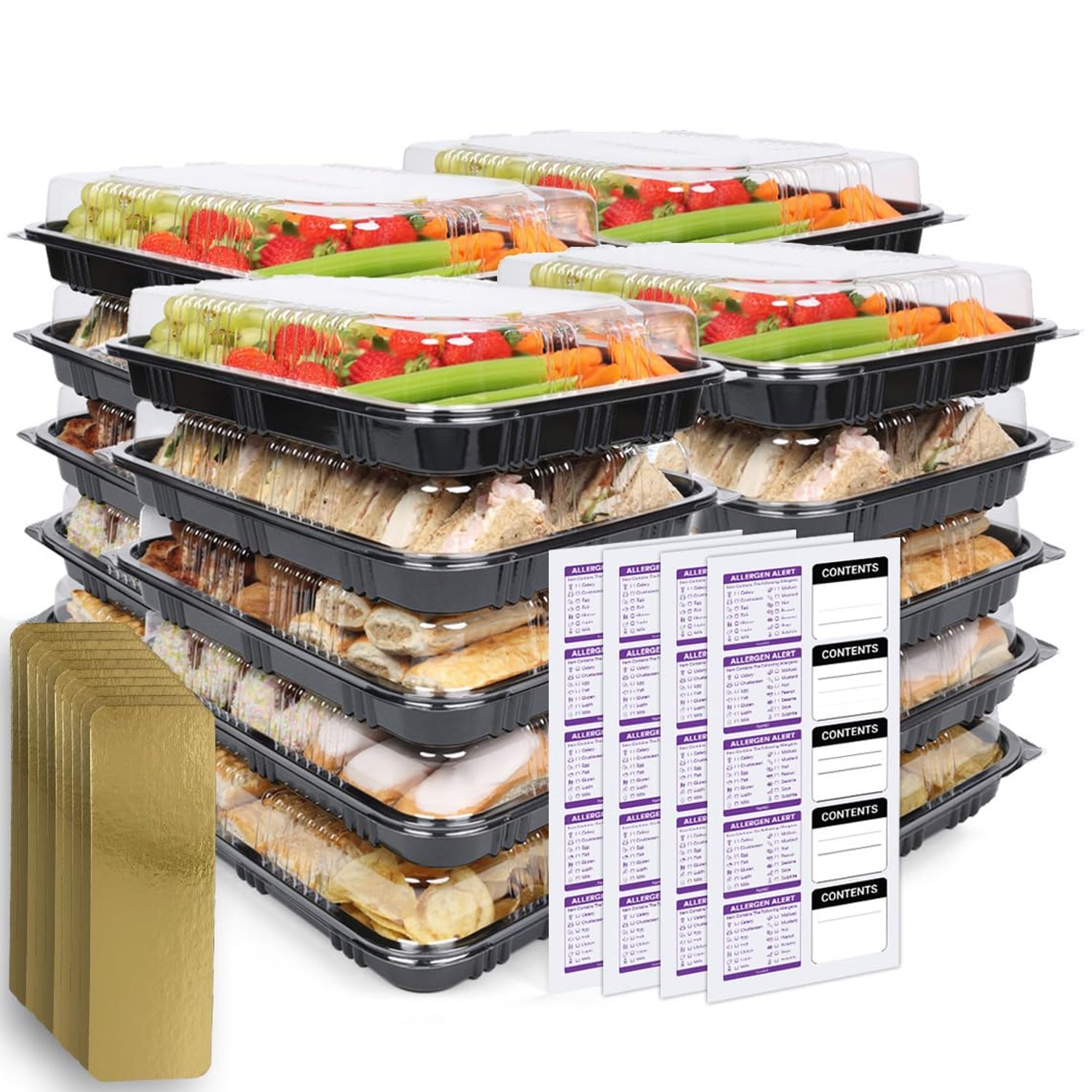 Reusable Sandwich & Serving Platter Trays with Clear Lids – Pack of 20 Catering Food Platters with Dividers & Labels for Parties, Buffets, Events & Meal Prep – 33.5 × 24 × 7 cm