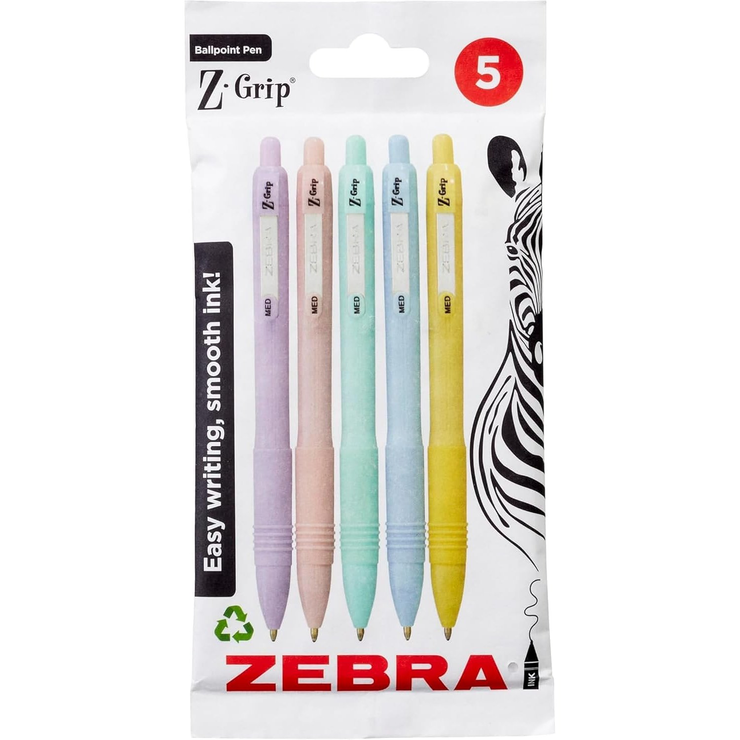 Zebra Pen Z-GRIP Smooth Ballpoint Pens Black Ink 5pk - Pastel Barrel 1mm Medium Point Retractable Ink Pens with Clip - Smooth Writing Pens with Low Viscosity Ink, Comfort Grip - 5 Pens Multipack