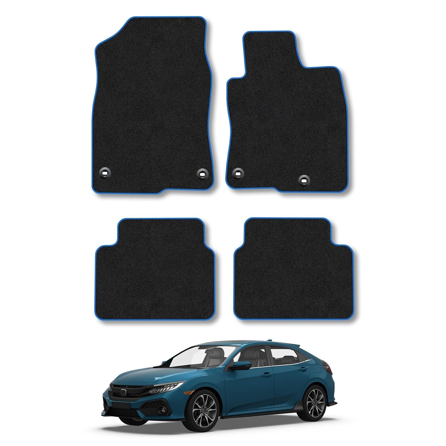 Honda Civic (2017-2022) Car Mats Accessories Tailored Fit Carpet Floor Mats Non Slip Blue Trim Full Coverage Compatible Accessory Granulated Backing Front Rear Set Anti Slip Hand-Finished Clips