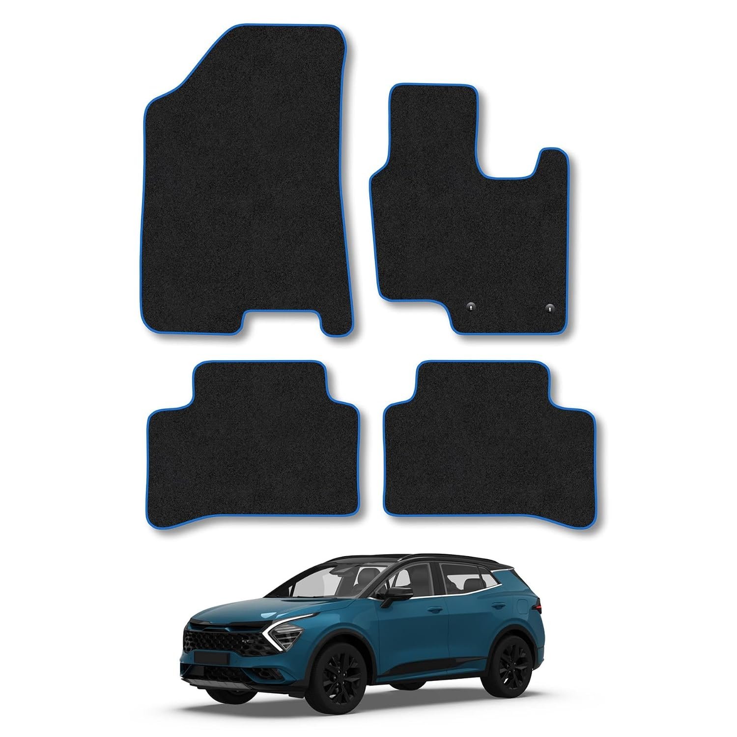 Kia Sportage Non-hybrid (2022+) Car Mats Tailored Fit Carpet Floor Mats Non Slip Blue Trim Full Coverage Compatible Accessory Front Rear Set Anti Slip Granulated Backing Hand-Finished Clips