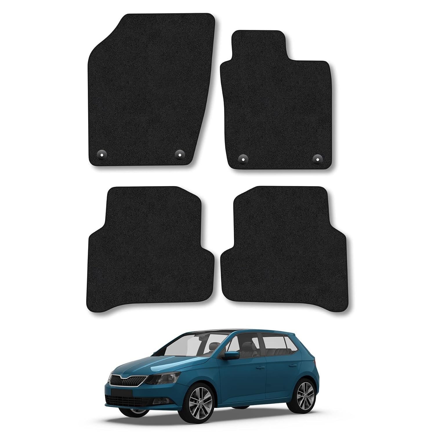 Skoda Fabia (2015-2021) Car Mats Accessories Tailored Fit Carpet Floor Mats Non Slip Black Trim Full Coverage Compatible Accessory Front Rear Set Anti Slip Granulated Backing Hand-Finished Clips
