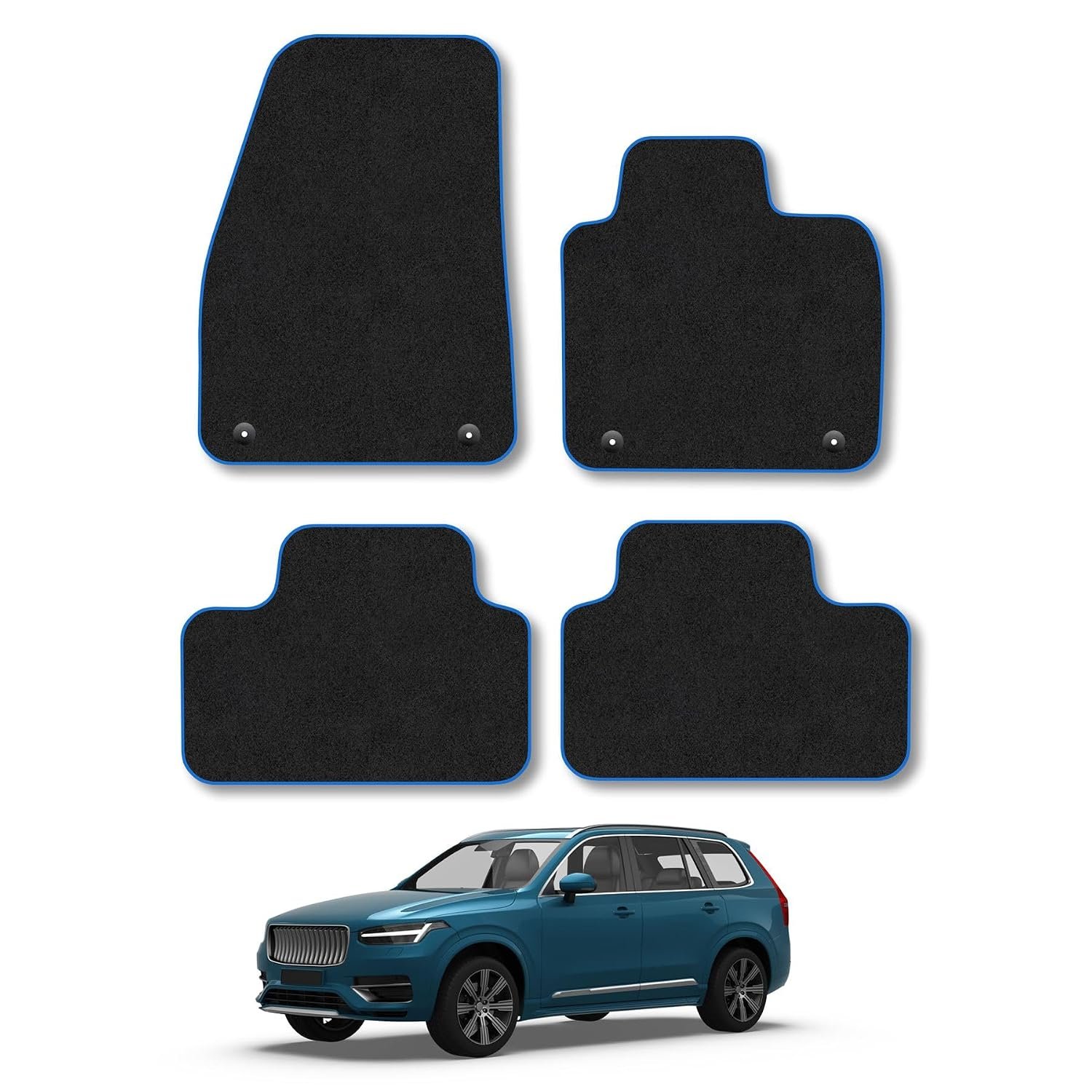 Volvo XC40 (2017+) [Automatic] Car Mats Accessories Tailored Fit Carpet Floor Mats Non Slip Blue Trim Full Coverage Compatible Accessory Granulated Backing Front Rear Set Anti Slip Hand-Finished Clips