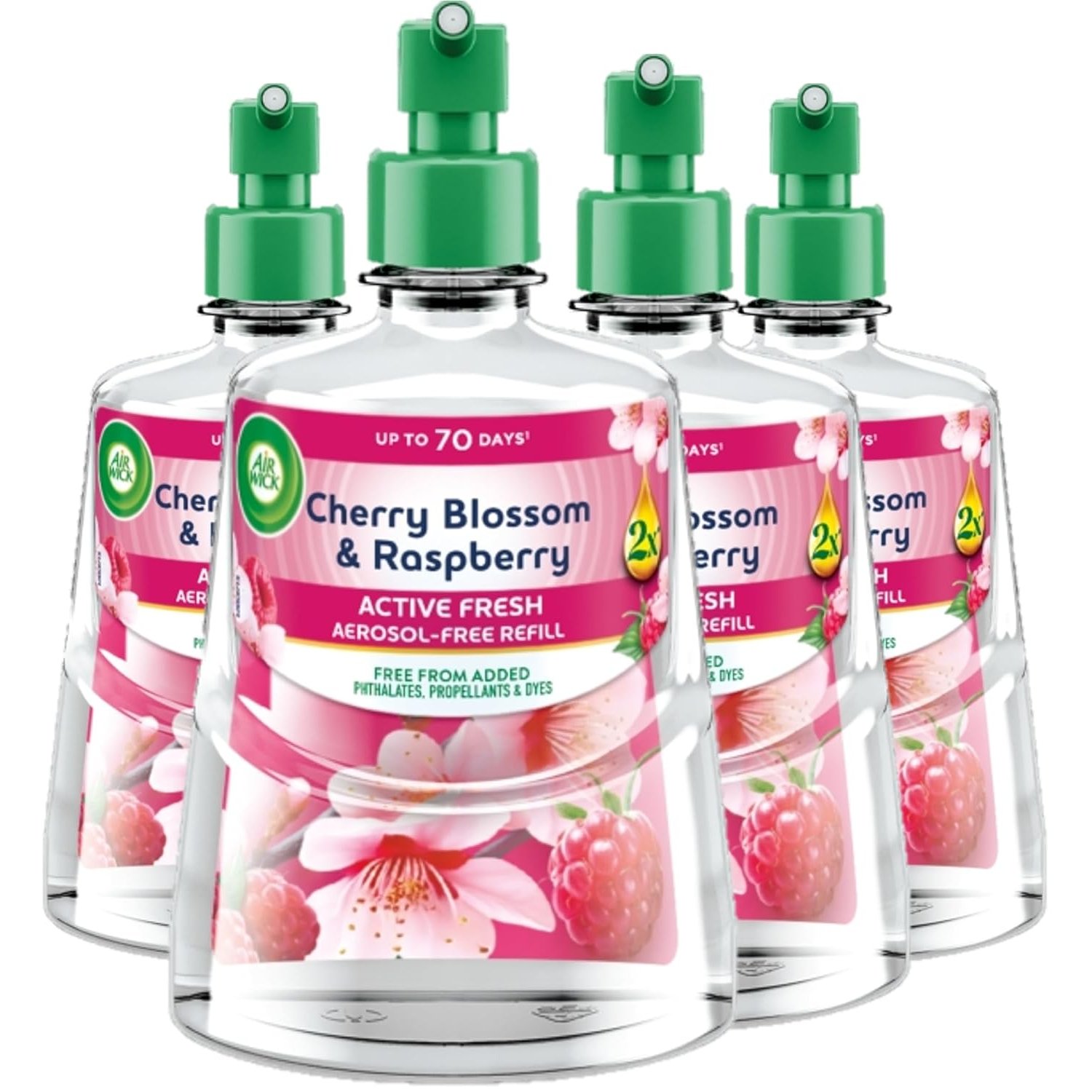 Air Wick Cherry Blossom & Raspberry Aerosol-Free Automatic Spray Refill 228ml, Pack of 4, Lasts up to 70 Days, Air Freshener