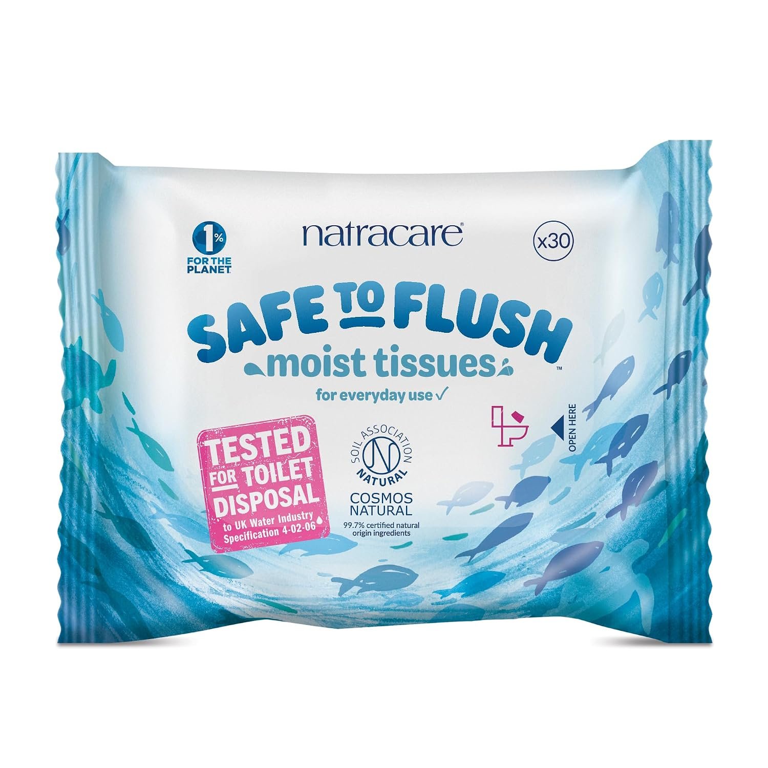 Natracare Safe to Flush moist tissues | 30 Wipe Pack | Plastic Free | Certified Flushable | Pack of 4