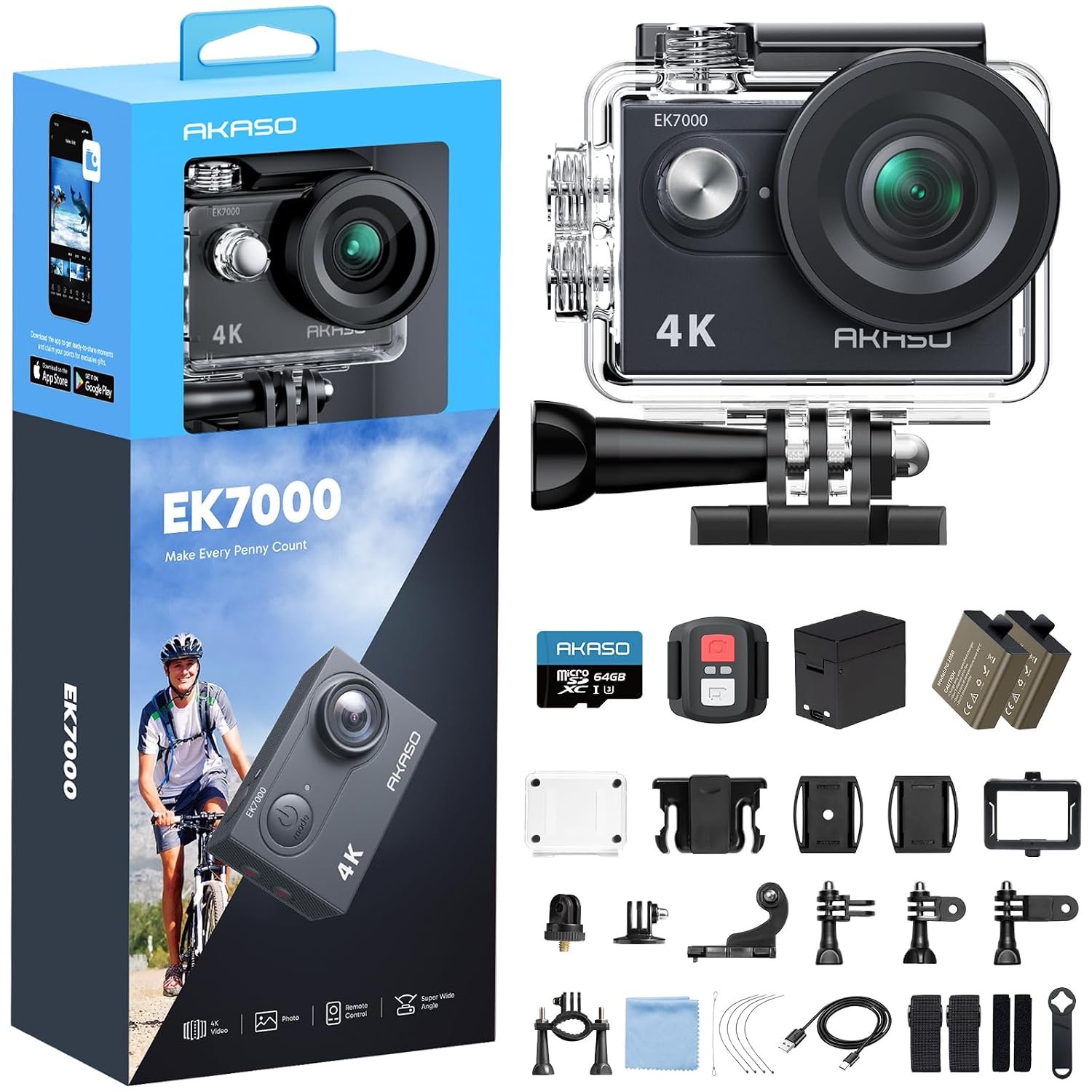 AKASO EK7000 4K30FPS Action Camera with 64GB microSDXC Memory Card - 20MP Ultra HD Underwater Camera 170 Degree Wide Angle Waterproof Camera with Accessory Kit