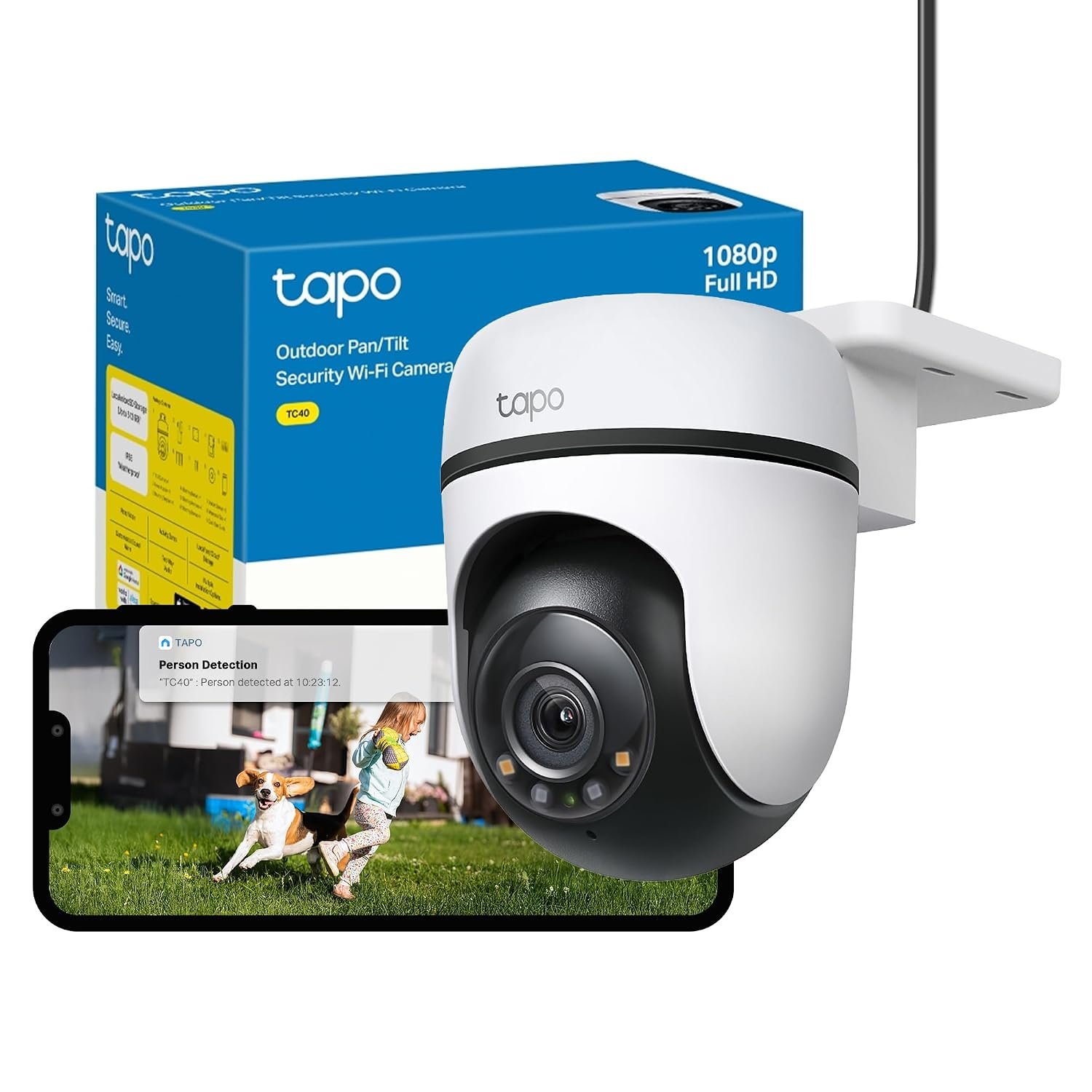 Tapo TC40 Pan/Tilt Smart Security Outdoor Camera, Full HD, 360° Smart Person Detection Motion Tracking, Color Night Vision, WiFi Camera No Monthly Fee, Two-Way Talk, IP65, Works with Alexa & Google