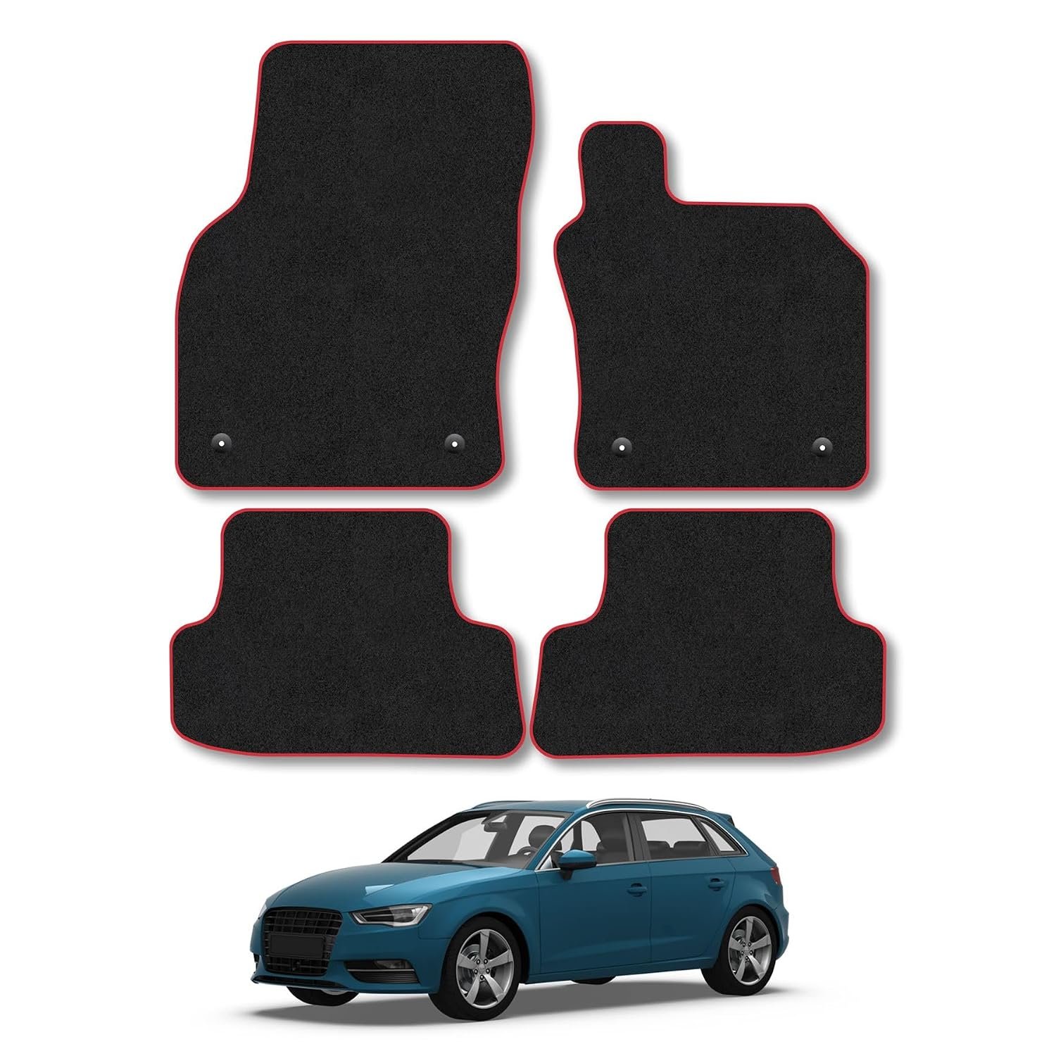 Audi A3 (2012-2020) [4 Clips] Car Mats Accessories Tailored Fit Carpet Floor Mats Non Slip Red Trim Accessory Compatible Front Rear Set Anti Slip Backing Custom Fit Hand-Finished Full Coverage Clips