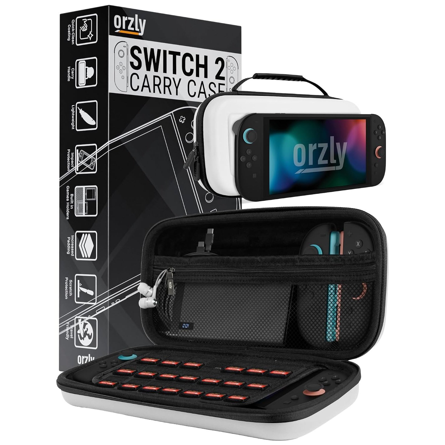 Orzly Carry Case for Switch 2 2025 Console, 7.9 inch Screen Protection, Hard Case with Smart Storage for Accessories and Games Pockets, Gift Box Edition, (White Switch 2)