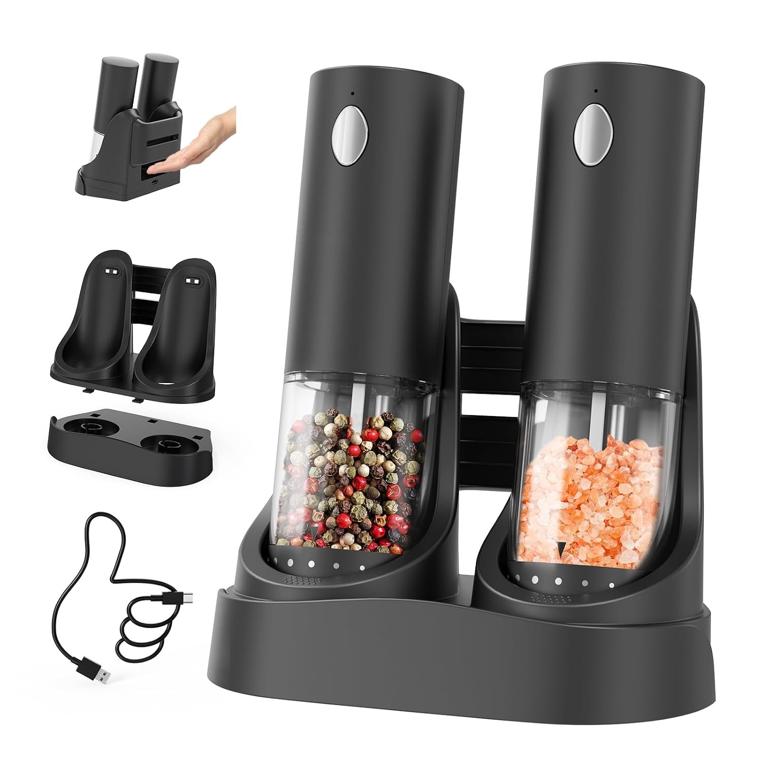 CIRCLE JOY Electric Salt and Pepper Grinder Set Rechargeable Pepper Mill Grinders with Charging Base, External Adjustable Coarseness, 95ml Container and White LED Light, Black