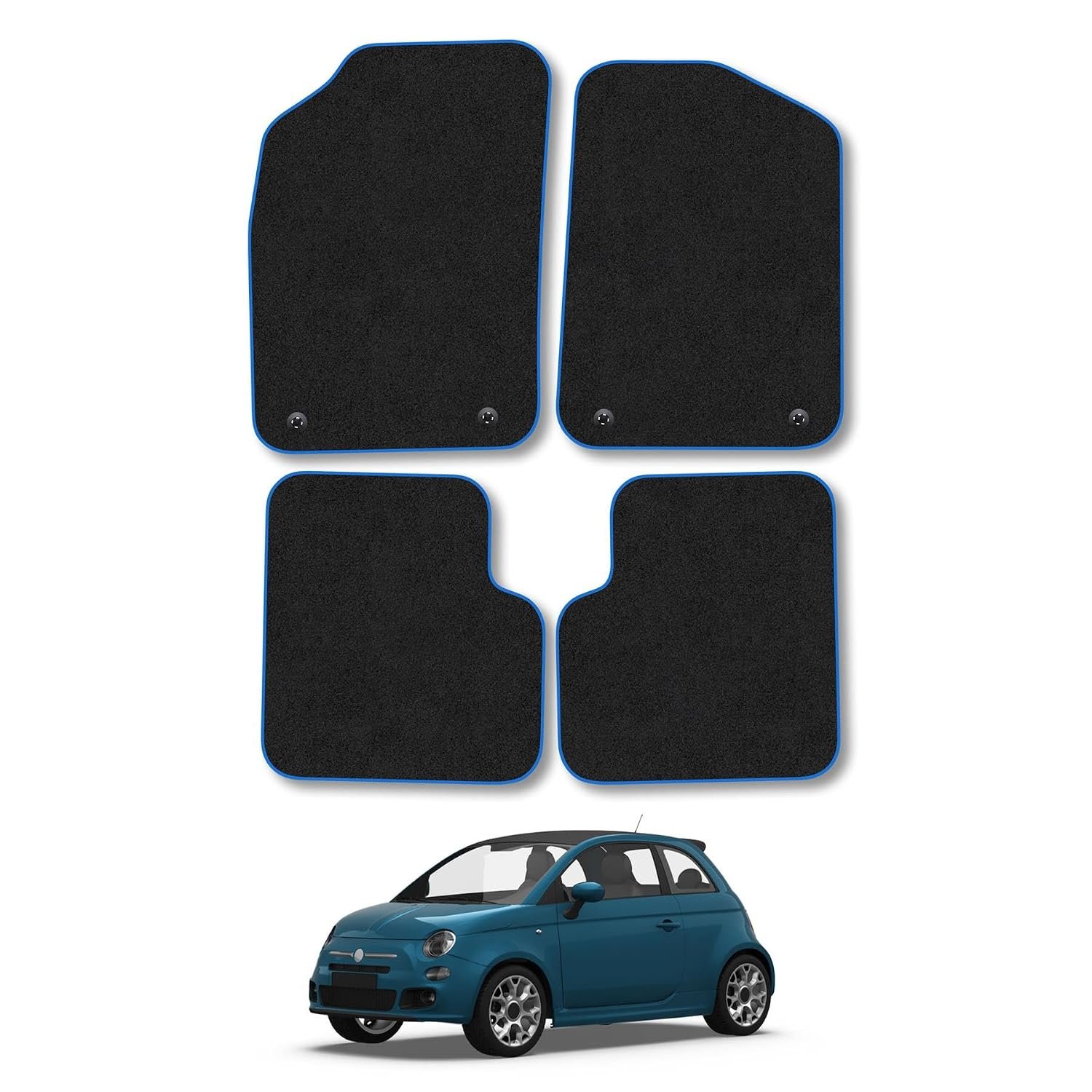 Fiat 500 (2013+) Car Mats Accessories Tailored Fit Carpet Floor Mats Non Slip Blue Trim Full Coverage Compatible Accessory Granulated Backing Front Rear Set Anti Slip Hand-Finished Clips