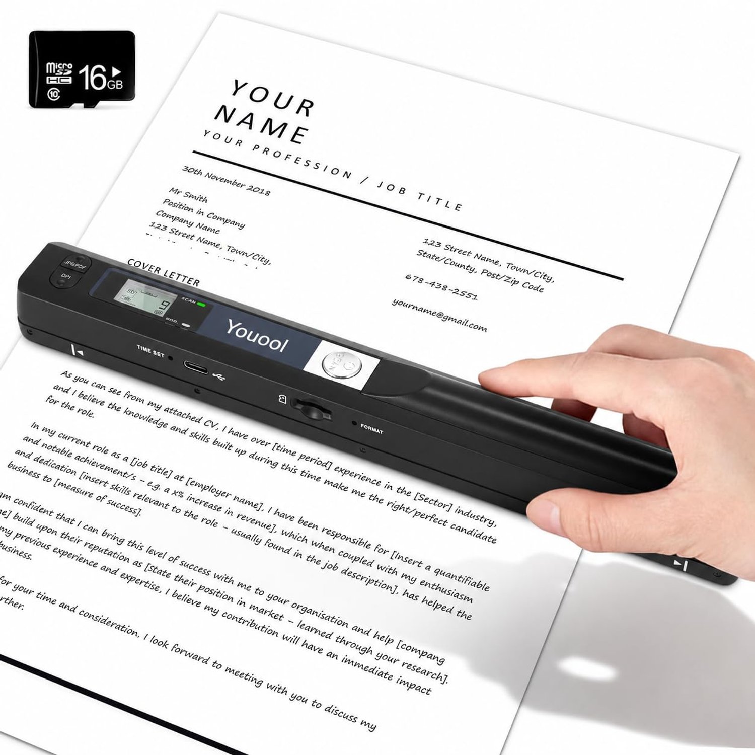 Youool Handheld Document Scanner, A4 900 DPI High Resolution Color Photo Portable Scanner, JPG/PDF Format USB 2.0 Mobile Scanner Portable Document Scanner for Documents Receipts Photos (Black)
