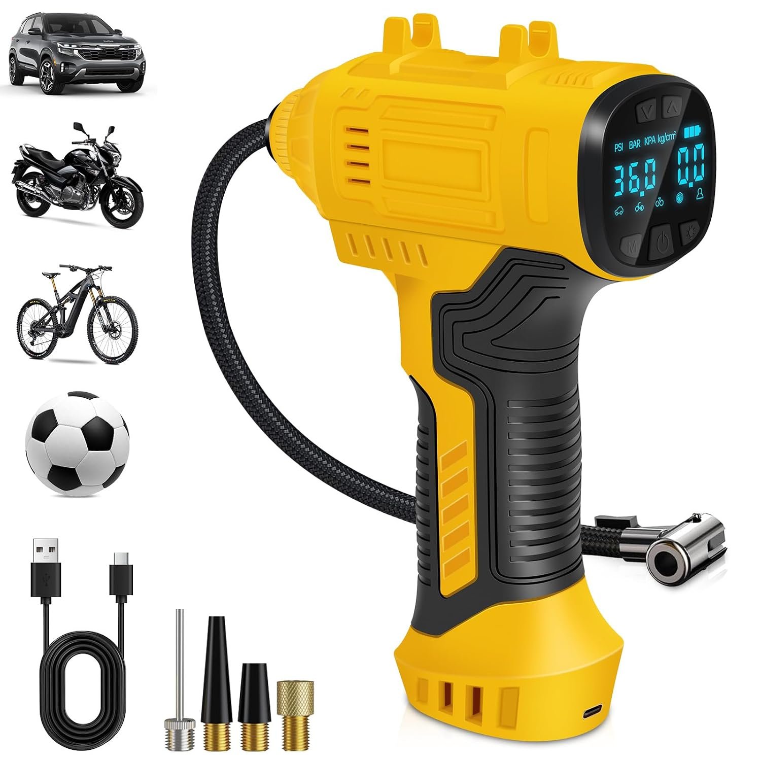Cordless Tyre Inflator Air Compressor, 25L/min Hand Held Digital Tyre Pump with Pressure Gauge, Rechargeable Battery, Portable Car Accessories with LED Light Electric Pump for Car/Bike/Motorcycle/Ball