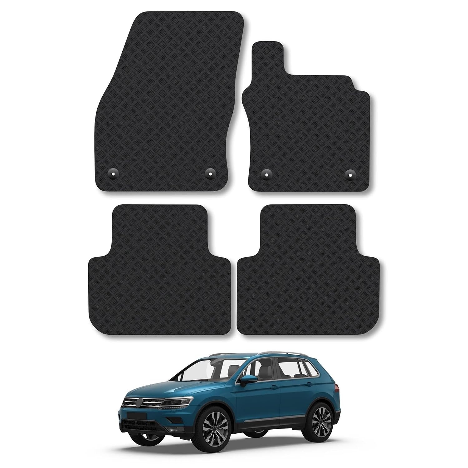 VW Tiguan (2016-2024) Rubber Car Mats Accessories Tailored Fit Compatible Accessory Waterproof Protection Non-Slip Floor Mats Full Coverage Durable Front Rear Set Coverage with Clips