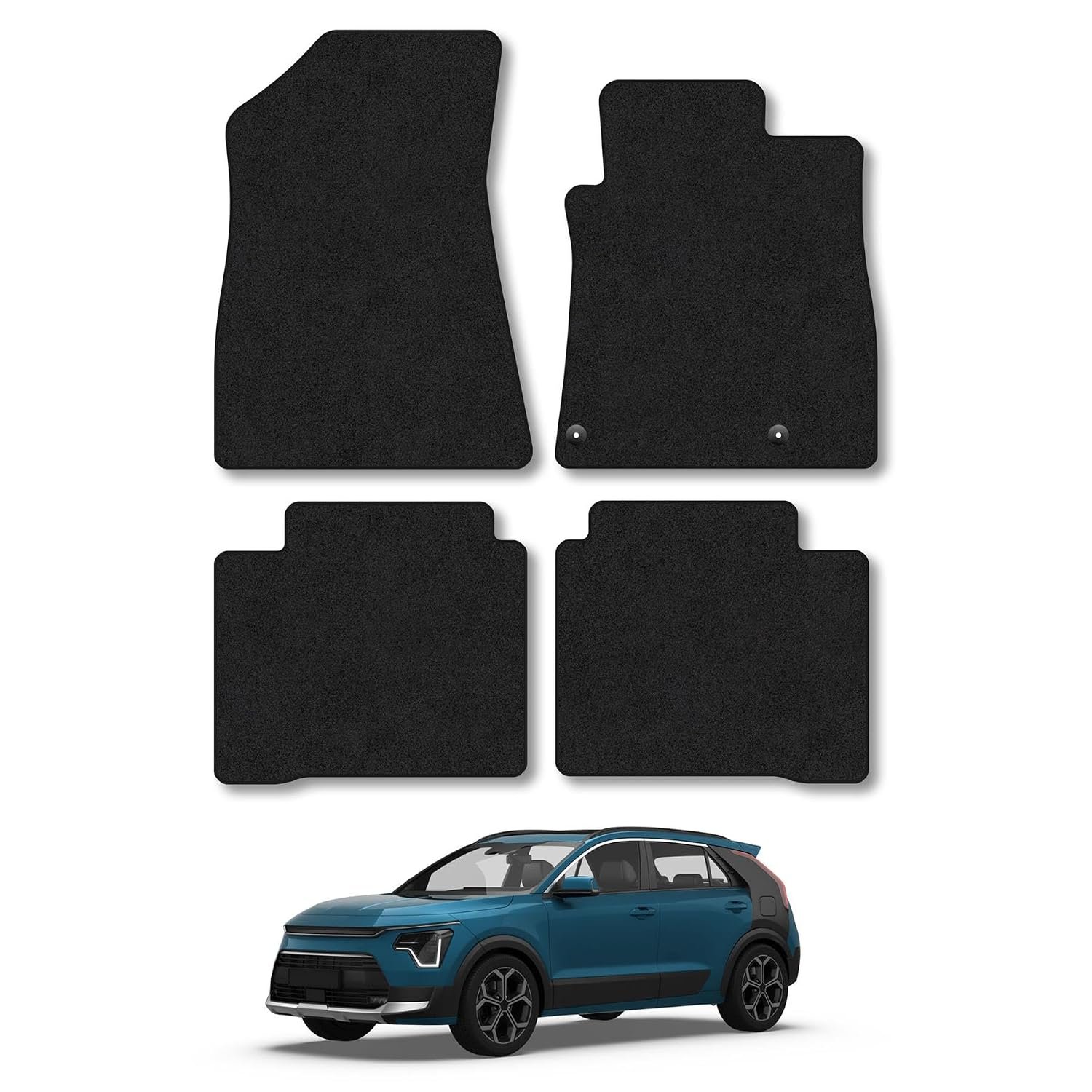 Kia Niro HEV (2022+) Car Mats Accessories Tailored Fit Carpet Floor Mats Non Slip Black Trim Full Coverage Compatible Accessory Front Rear Set Anti Slip Granulated Backing Hand-Finished Clips