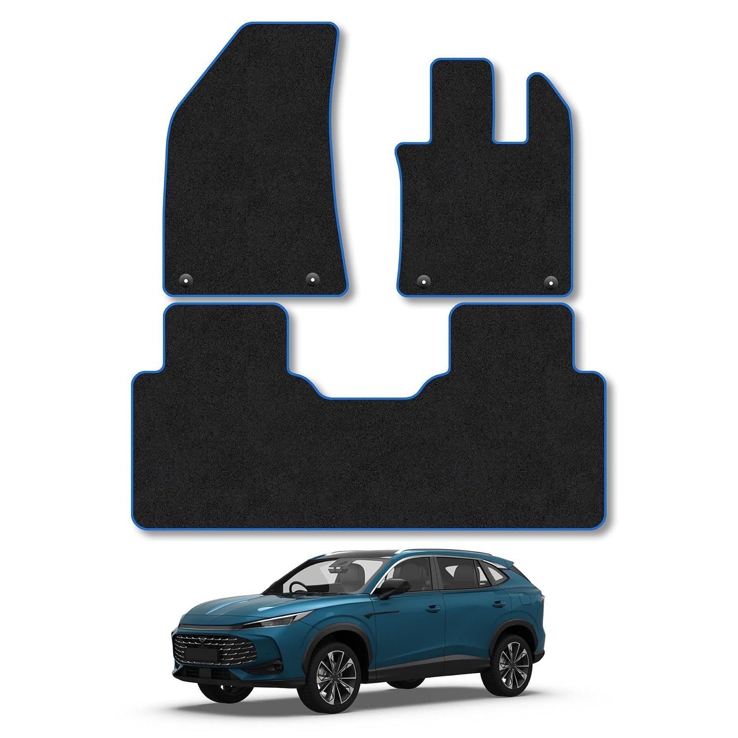 Car Mats Compatible with MG HS Manual (2024+) Tailored Fit Black Carpet Car Floor Mats Set Accessory Custom Fit 4 Pieces - Water Resistant, Anti Slip Backing & Blue Binding Trim Edge