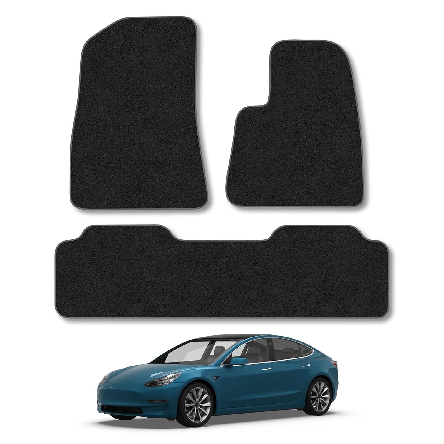Tesla Model 3 (2017+) Car Mats Accessories Tailored Fit Carpet Floor Mats Non Slip Grey Trim Accessory Compatible Front Rear Set Anti Slip Full Coverage Granulated Backing Hand-Finished
