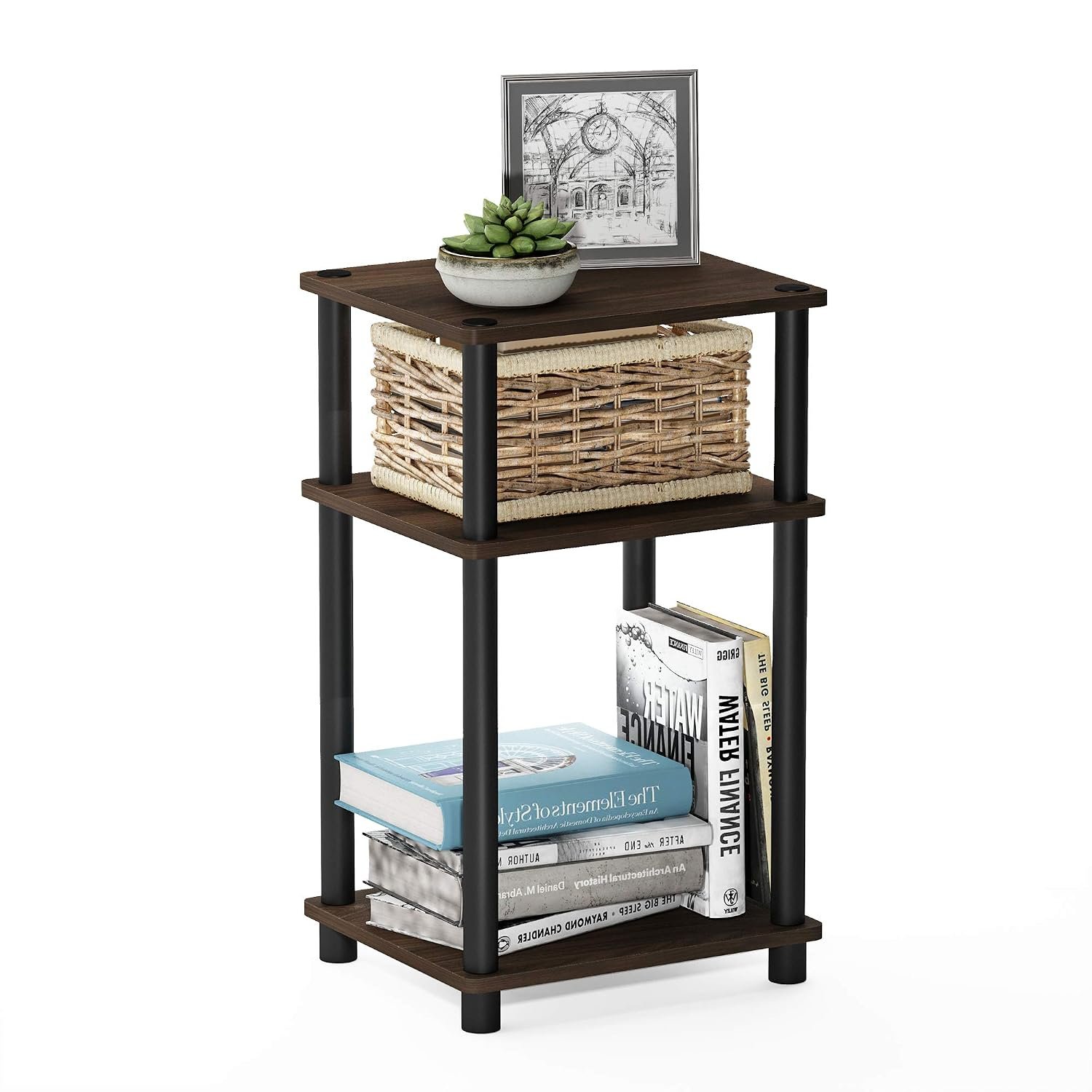 Furinno JUST Side Table, 3-Tier End Table, Open Shelves Night Stand, Bedside Table, Toolless Assembly, for Living Room, Bedroom, Columbia Walnut