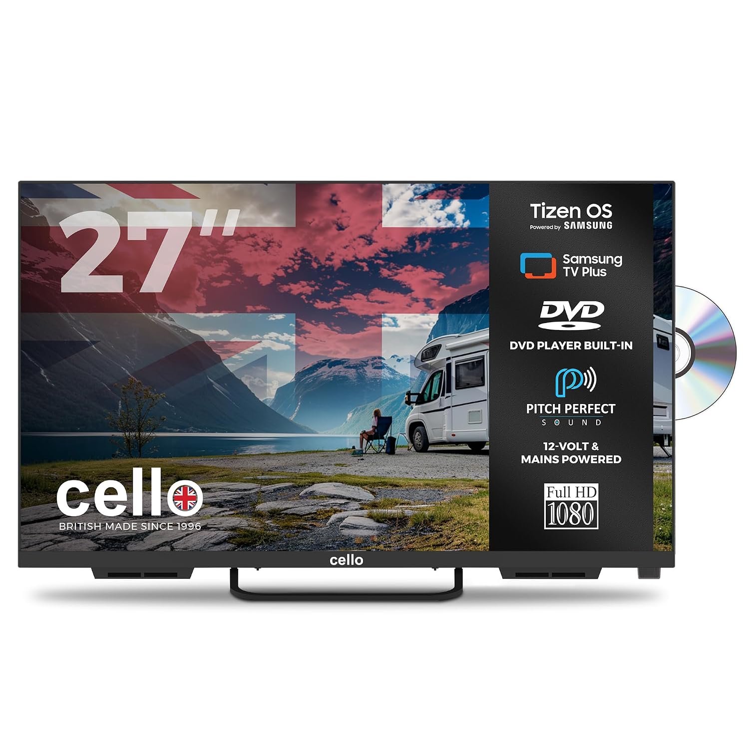 Cello Ctrav- 27TZF 27" Tizen OS Smart LED 12V Traveller TV/DVD, By Samsung, Pitch Perfect Speakers, Bluetooth, HDMI, USB, UK Made, Small TV for Motorhomes, HGVs & Boats