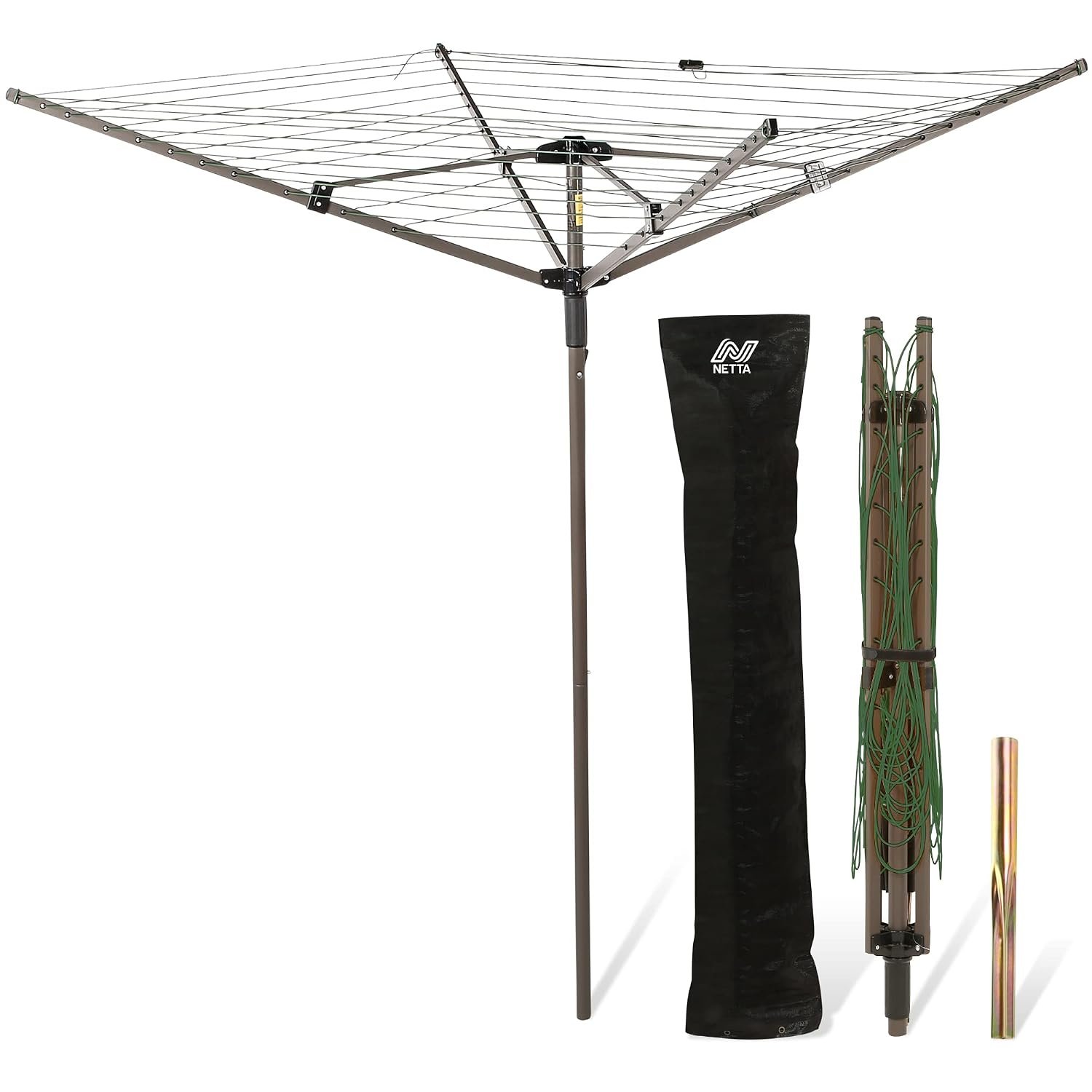 NETTA Rotary Washing Line 4 Arm 45M - Heavy Duty Outdoor Clothes Dryer with Cover & Ground Spike - Easy-Open Whirligig Washing Line Rotary - Large Capacity Garden Laundry Rotary Airer - Green