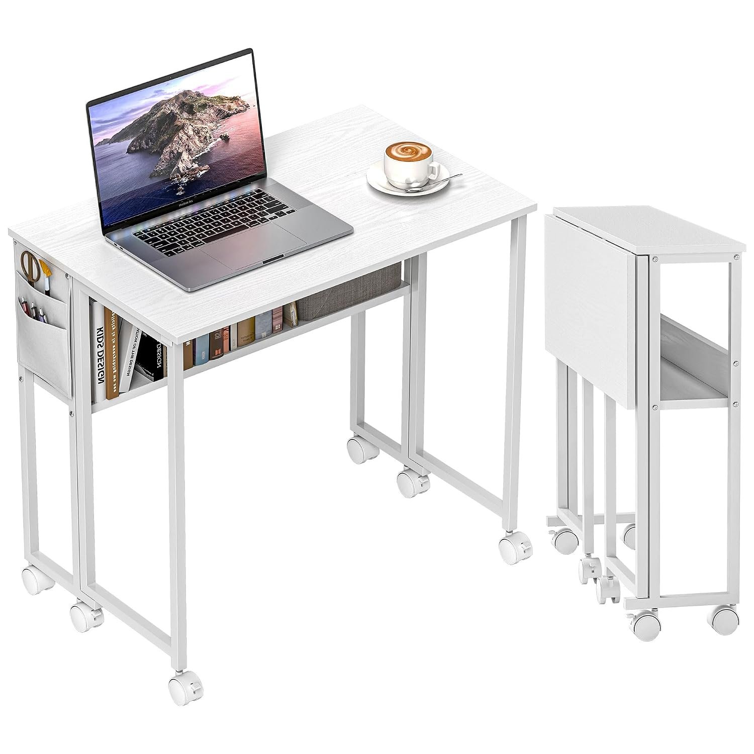 HOMCOM Folding Desk with Storage Shelf and Bag, 80 cm Foldable Computer Desk for Small Spaces, Space Saving Writing Table on Wheels for Home Office, Bedroom, Easy Assembly, White