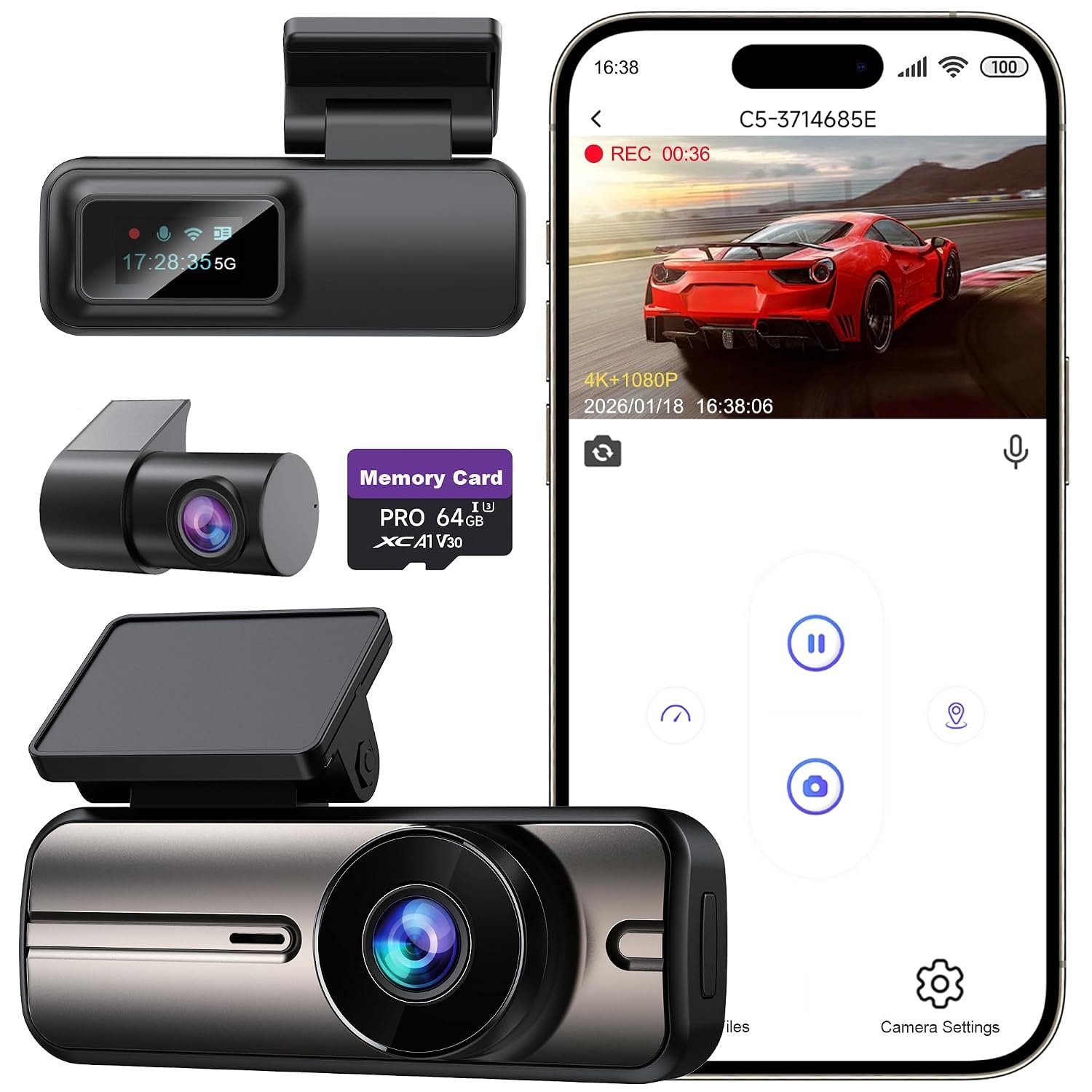 Dash Cam Front and Rear 4K+1080P, 5GHz WiFi, Dual Dashcam with 64GB Card, App Control, G-Sensor Emergency Recording, Loop Recording, 24H Parking Mode Supports, Dash Camera for Cars