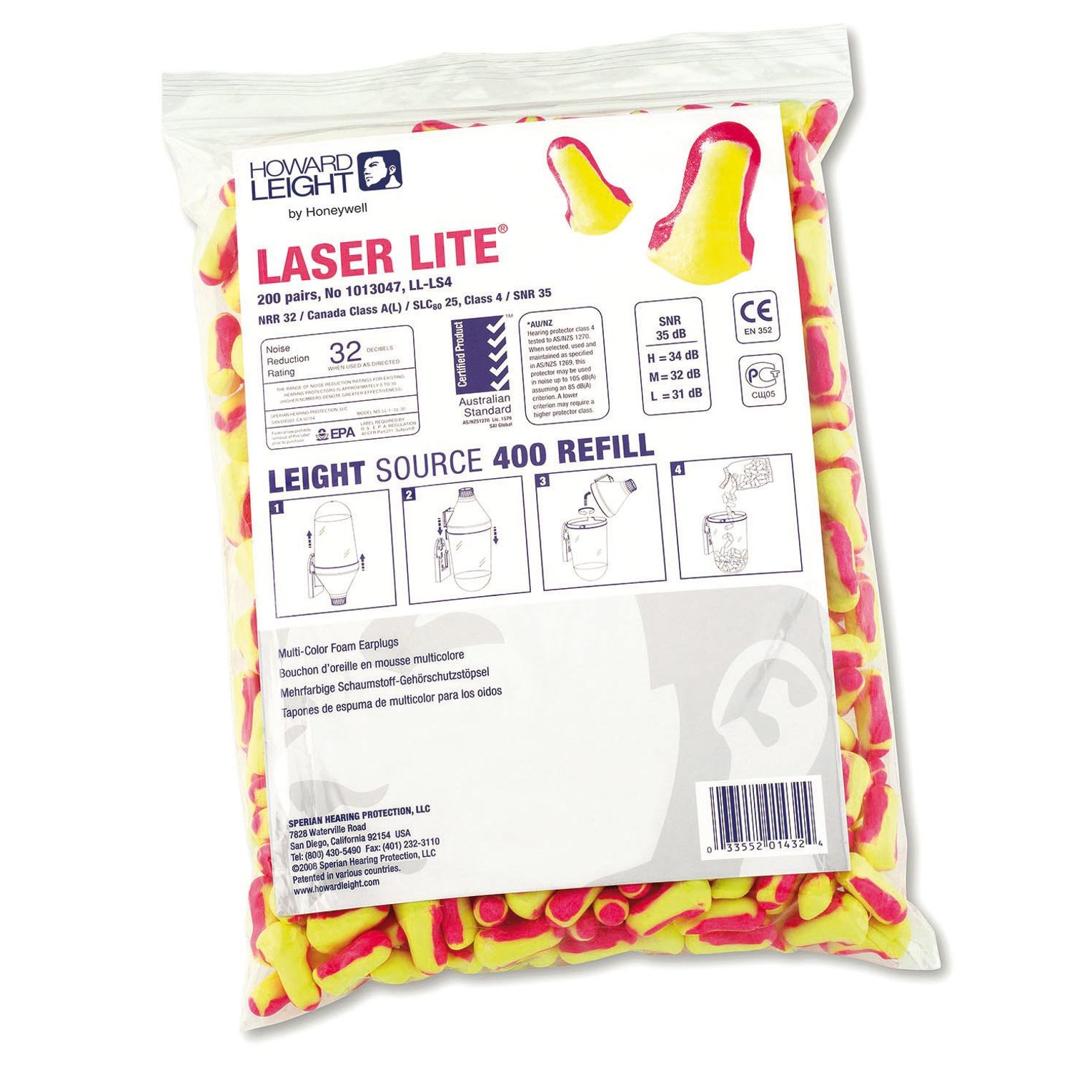 Howard Leight Laser-Lite Single-Use Earplugs Refill Pack, Polyurethane Foam, SNR 35 dB, Yellow and Magenta, One Size, T-Shaped, Uncorded, 1013047 (Refill Zip Top Bag of 200 Pairs)