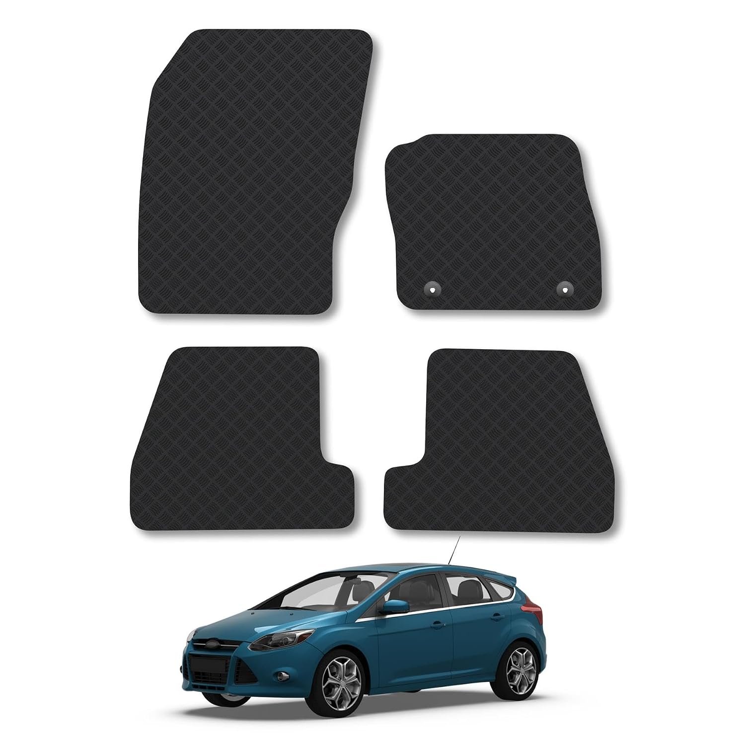 Ford Focus (2011-2014) [MK3] Rubber Car Mats Accessories Tailored Fit Compatible Accessory Waterproof Protection Non-Slip Floor Mats Full Coverage Durable Front Rear Set Coverage with Clips