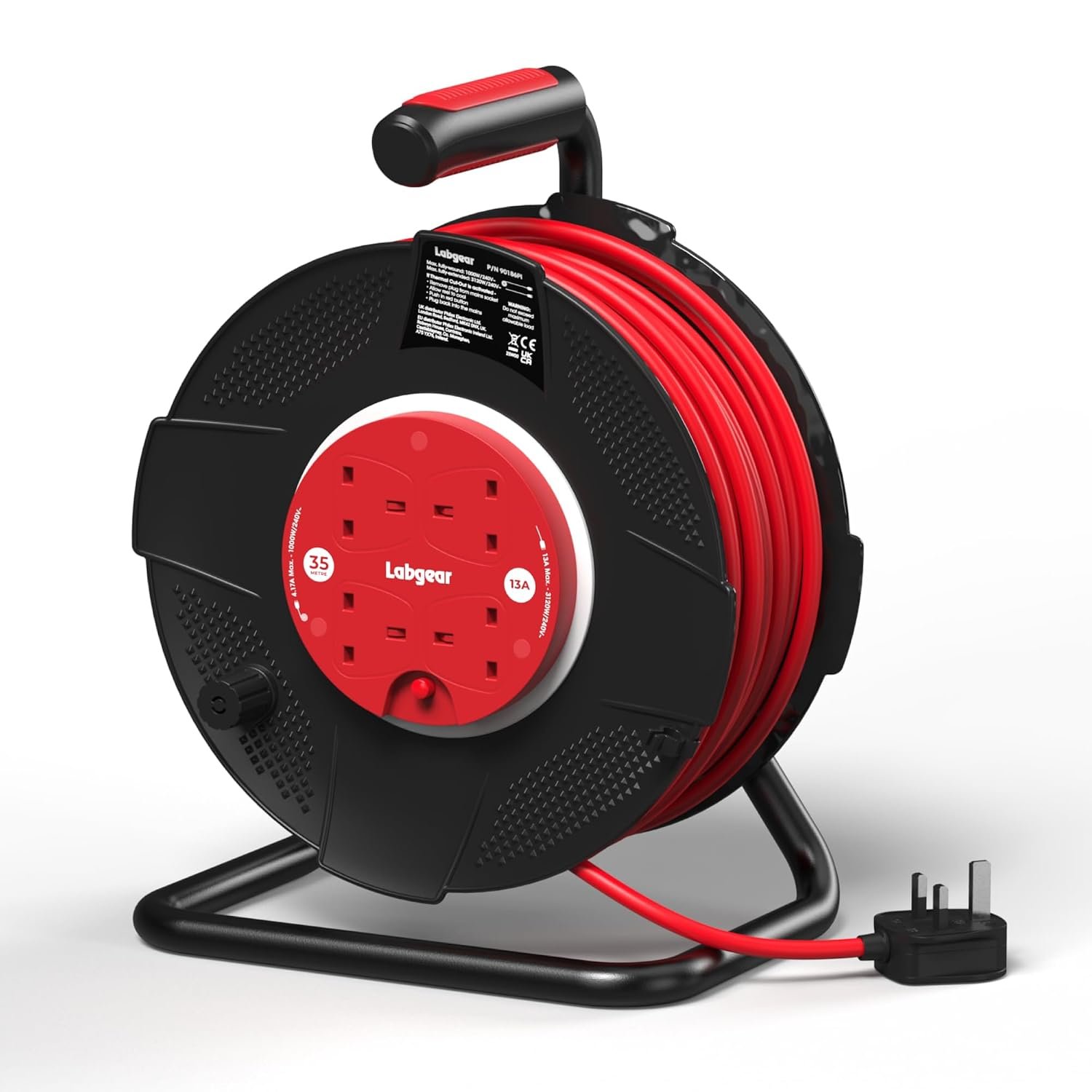 Labgear Extension Lead 35m Heavy Duty Cable Reel 4 Socket 13A Power Reel with Thermal Cut-Out Protection, Durable Drum and Carry Handle Black/Red