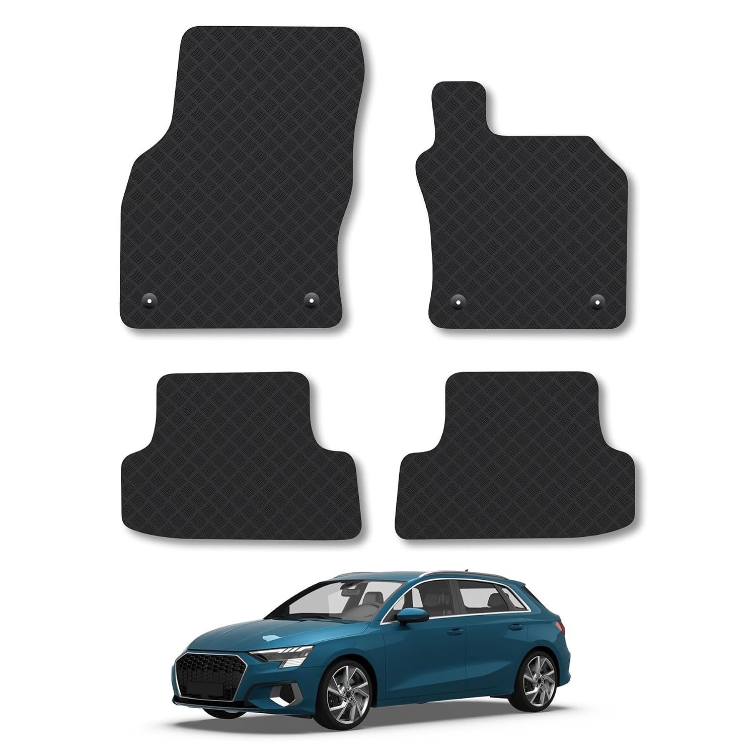 Audi A3 (2012-2020) [4 Clips] Rubber Car Mats Accessories Tailored Fit Compatible Accessory Waterproof Protection Non-Slip Floor Mats Full Coverage Durable Front Rear Set Coverage with Clips