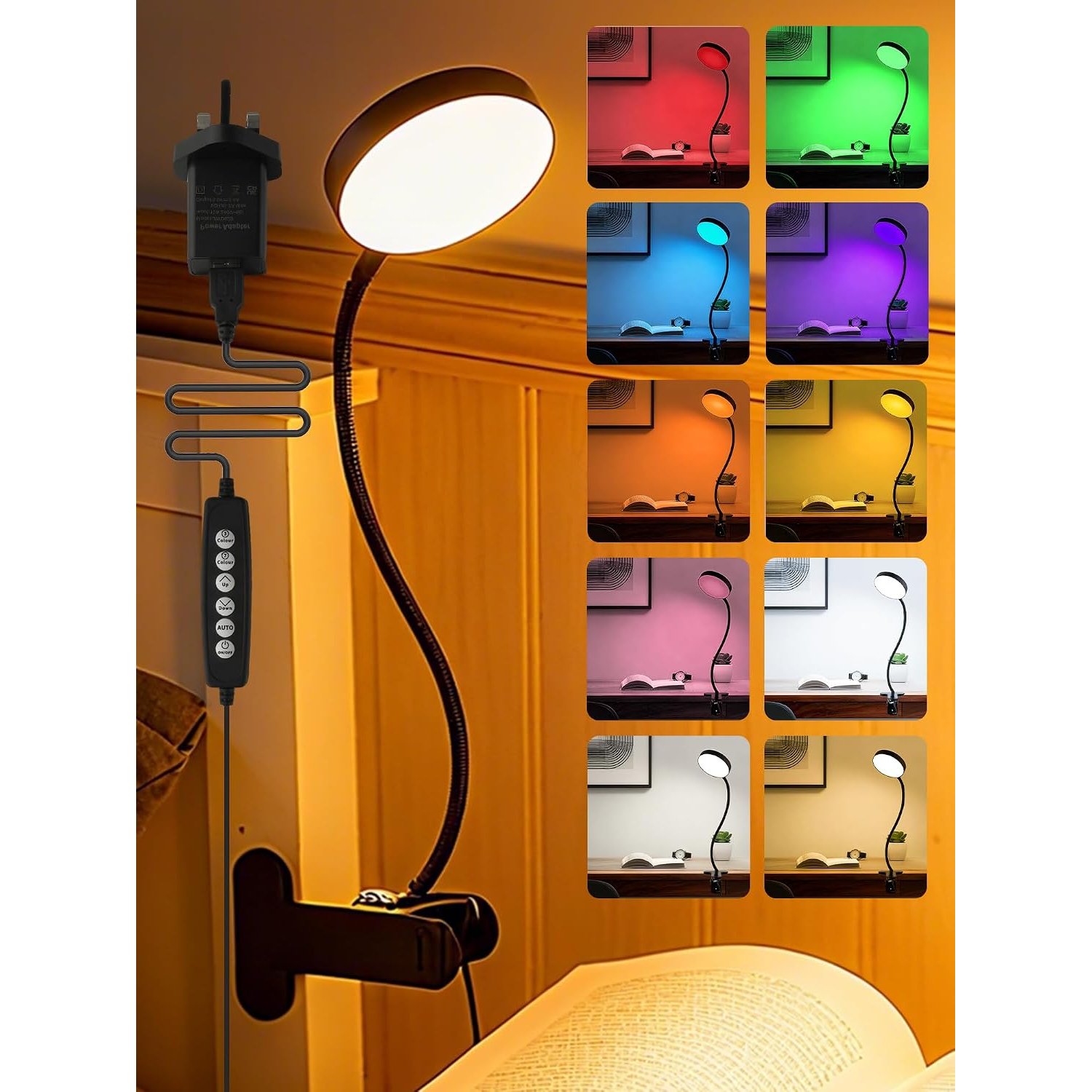 ReinHoo Desk Lamp,10 Colors RGB&Warm White Desk Light,10 Brightness Dimmable Clip On Light,500LM Bright Reading Light,USB Adapter Table Lamp for Office,Computer,Work,Study,Craft,Bedside Table,Bedroom